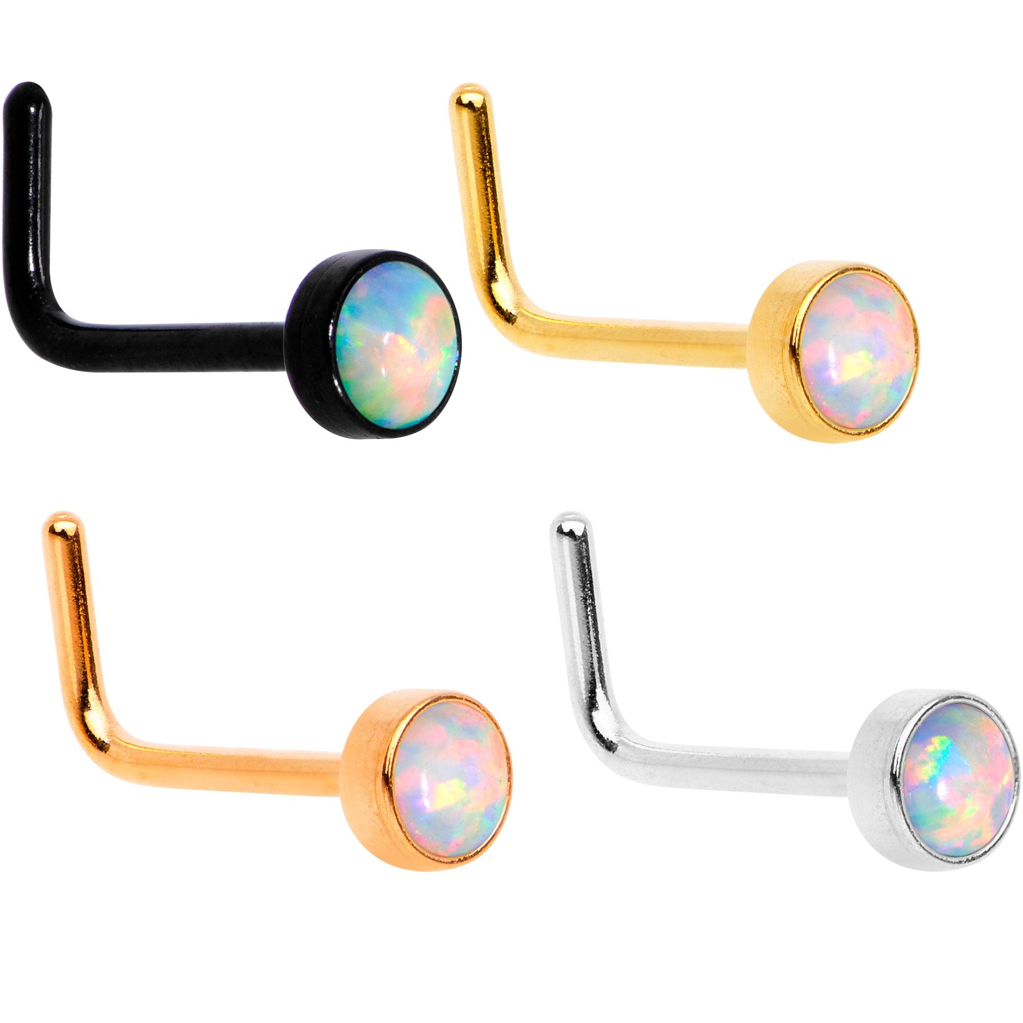 White 3mm Synthetic Opal Anodized Press Fit L Shaped Nose Ring 4 Pack Set
