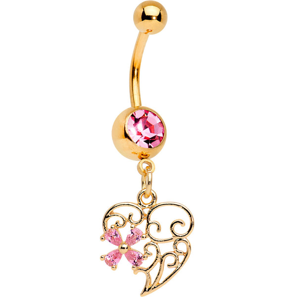 Pink Gem Gold Tone Anodized Filigree Heart Flower Dangle Belly Ring