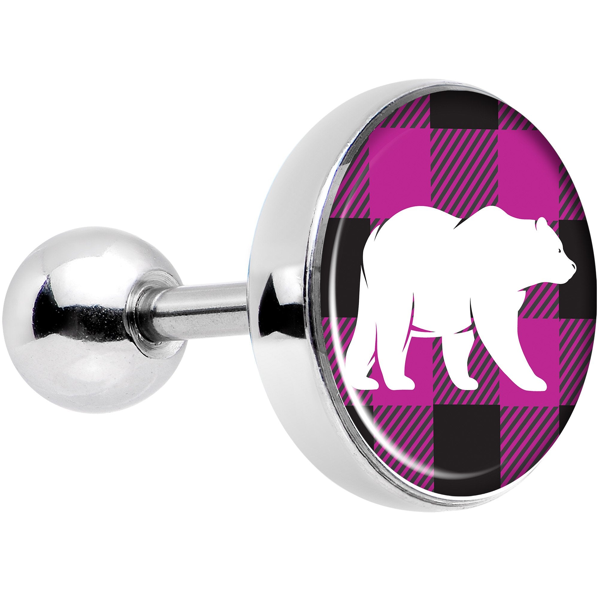 16G 1/4 Pink Black Plaid Polar Bear Tragus Cartilage Earring