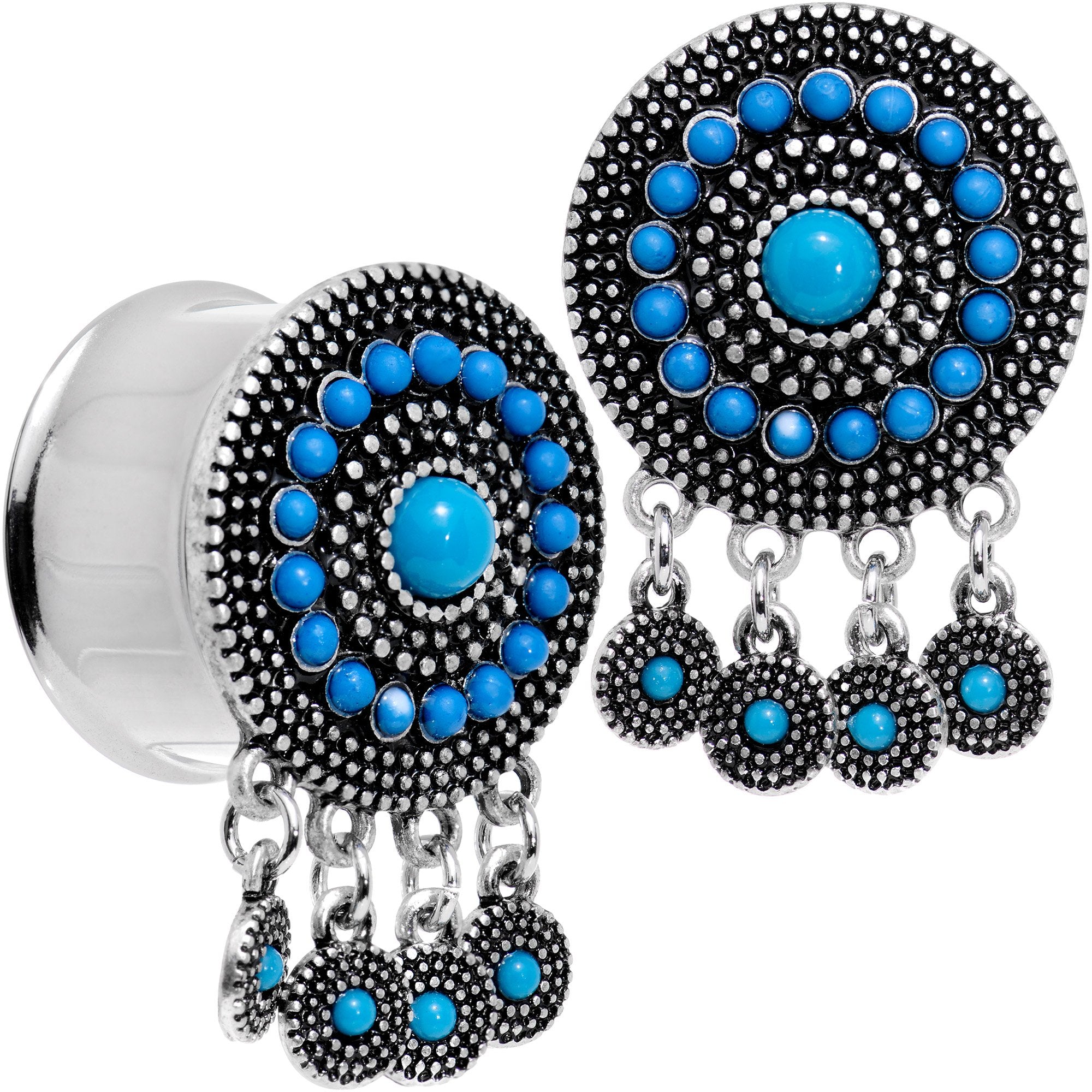 Southwest Blue Drum Dreamcatcher Dangle Double Flare Plug Set 6mm to 25mm