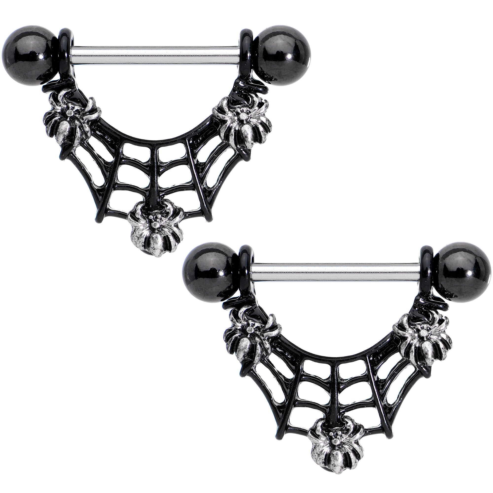 9/16 Black Baby Spiders on Web Halloween Dangle Nipple Ring Set