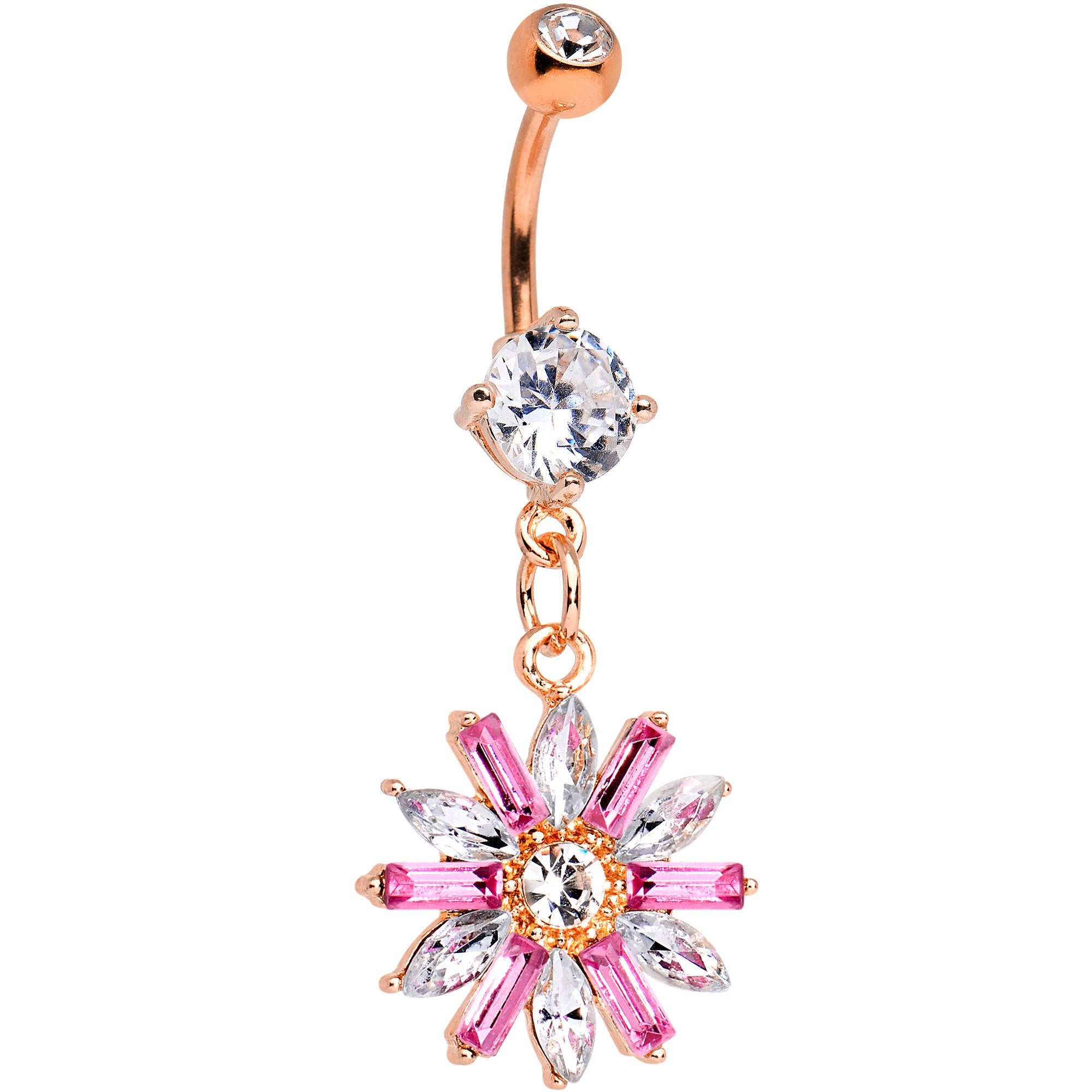 Pink CZ Gem Rose Gold Tone Anodized Fancy Flower Dangle Belly Ring