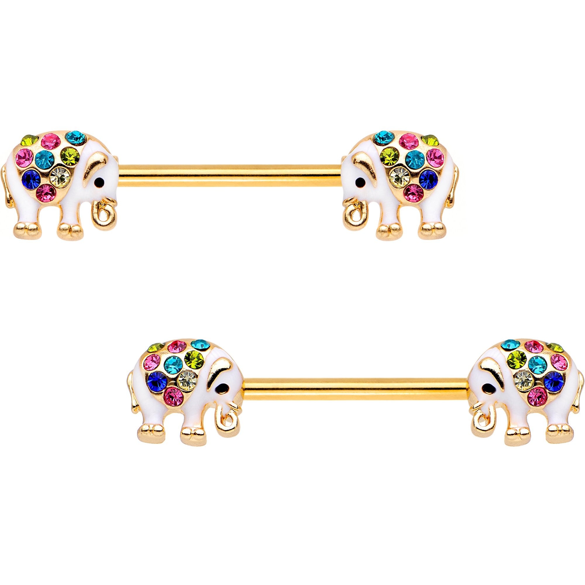 9/16 Multi Gem Gold PVD Fancy Elephant Barbell Nipple Ring Set