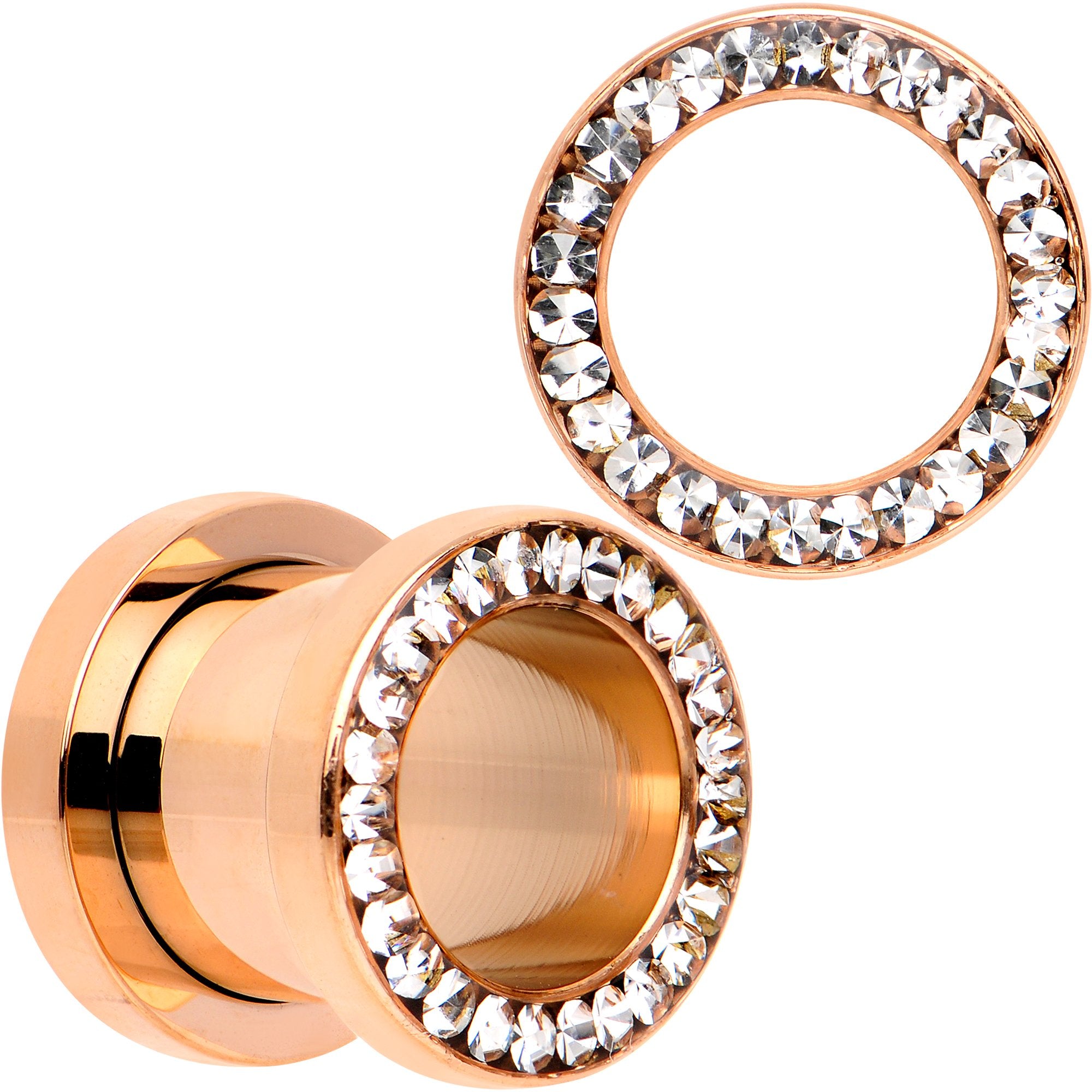 Clear CZ Gem Rose Gold PVD Bling Screw Fit Tunnel Plug Set 3mm to 16mm