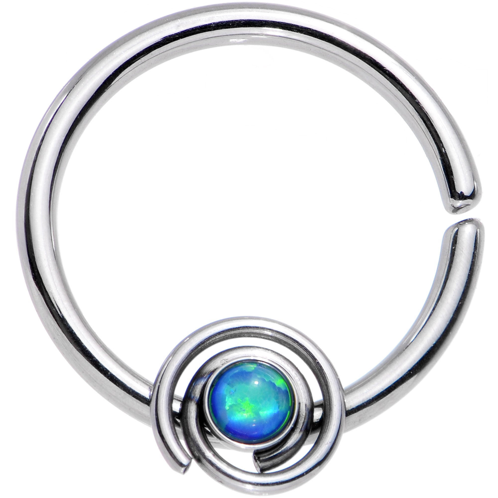 16 Gauge 3/8 Blue Synthetic Opal Swirl Set Circular Ring