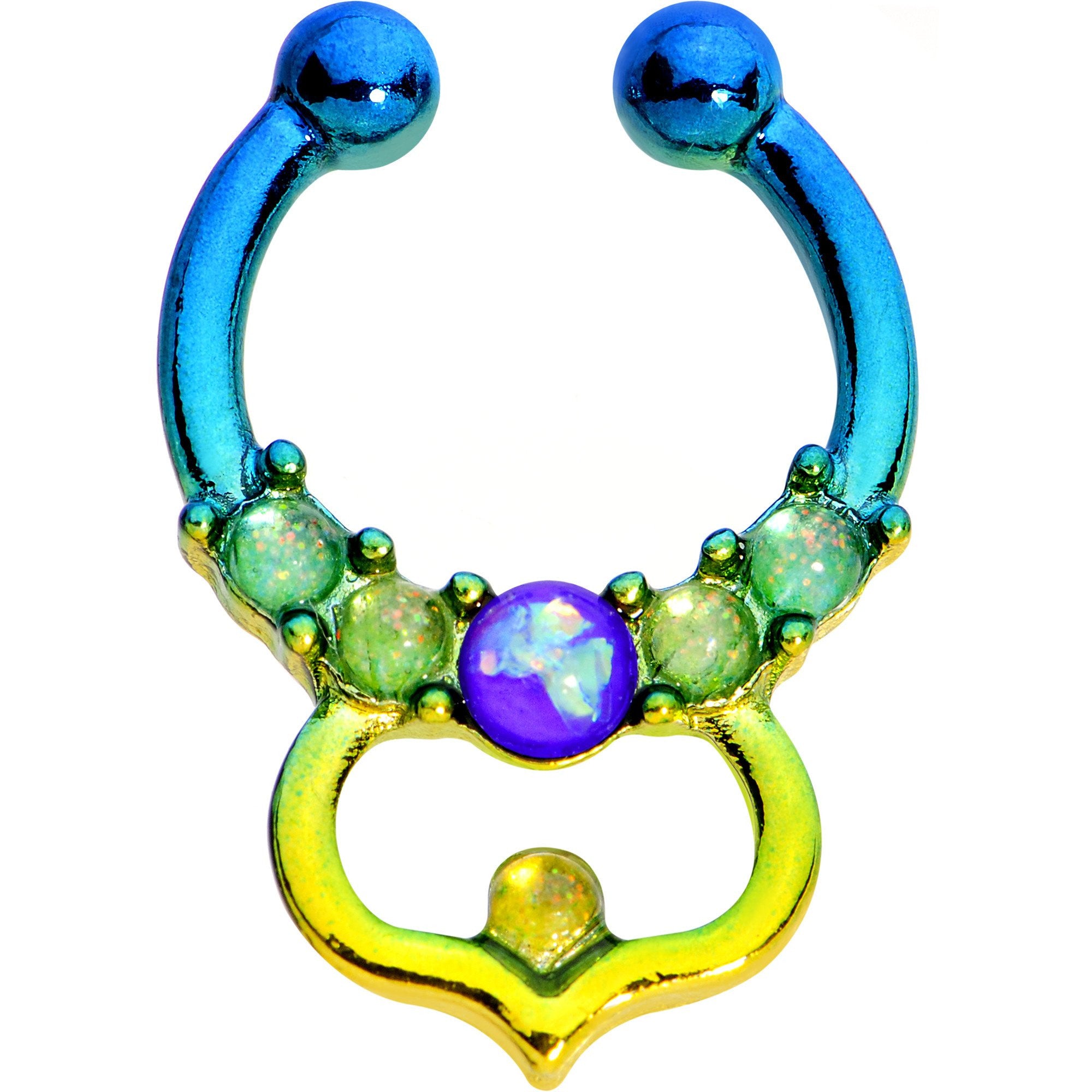 Blue Faux Opal Teal Yellow Fade Bombay Clip On Fake Septum Ring