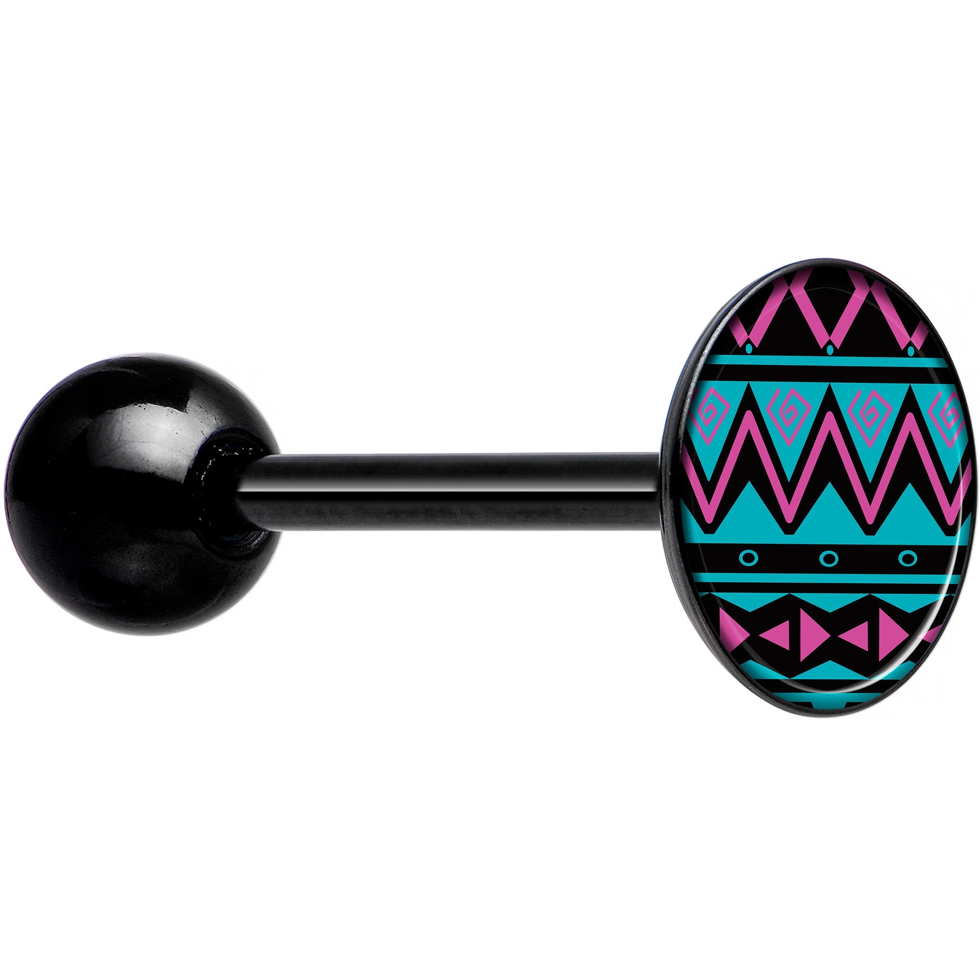 Pink Teal Tribal Pattern Black Barbell Tongue Ring