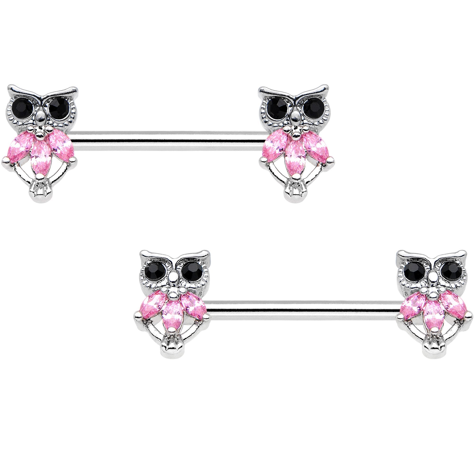 9/16 Pink Black Gem Wide Eyed Owl Barbell Nipple Ring Set
