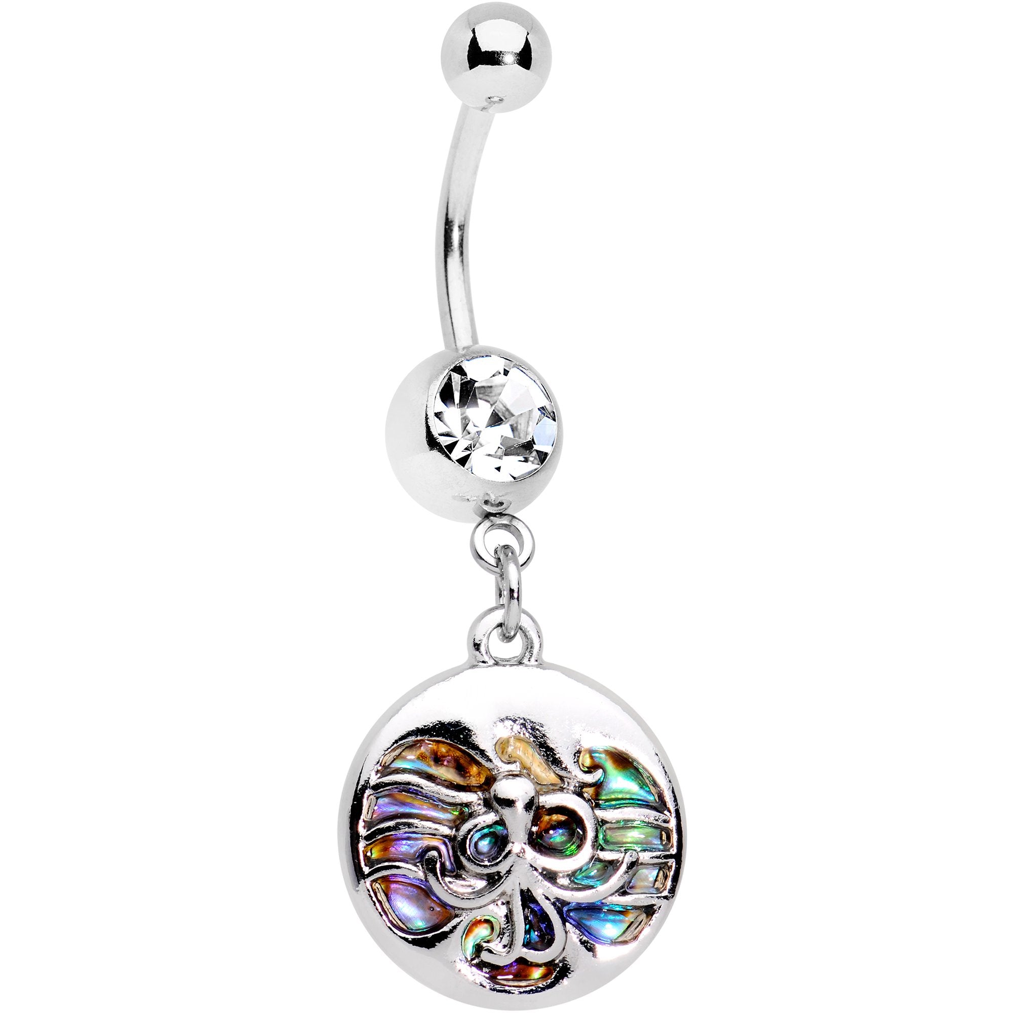 Clear Gem Cosmic Iridescent Inlay Octopus Dangle Belly Ring