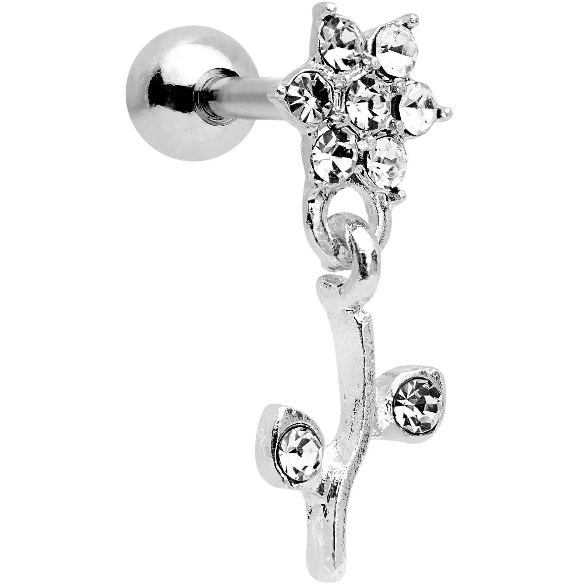 16G 1/4 Clear Gem  Flower Dangle Cartilage Tragus Earring