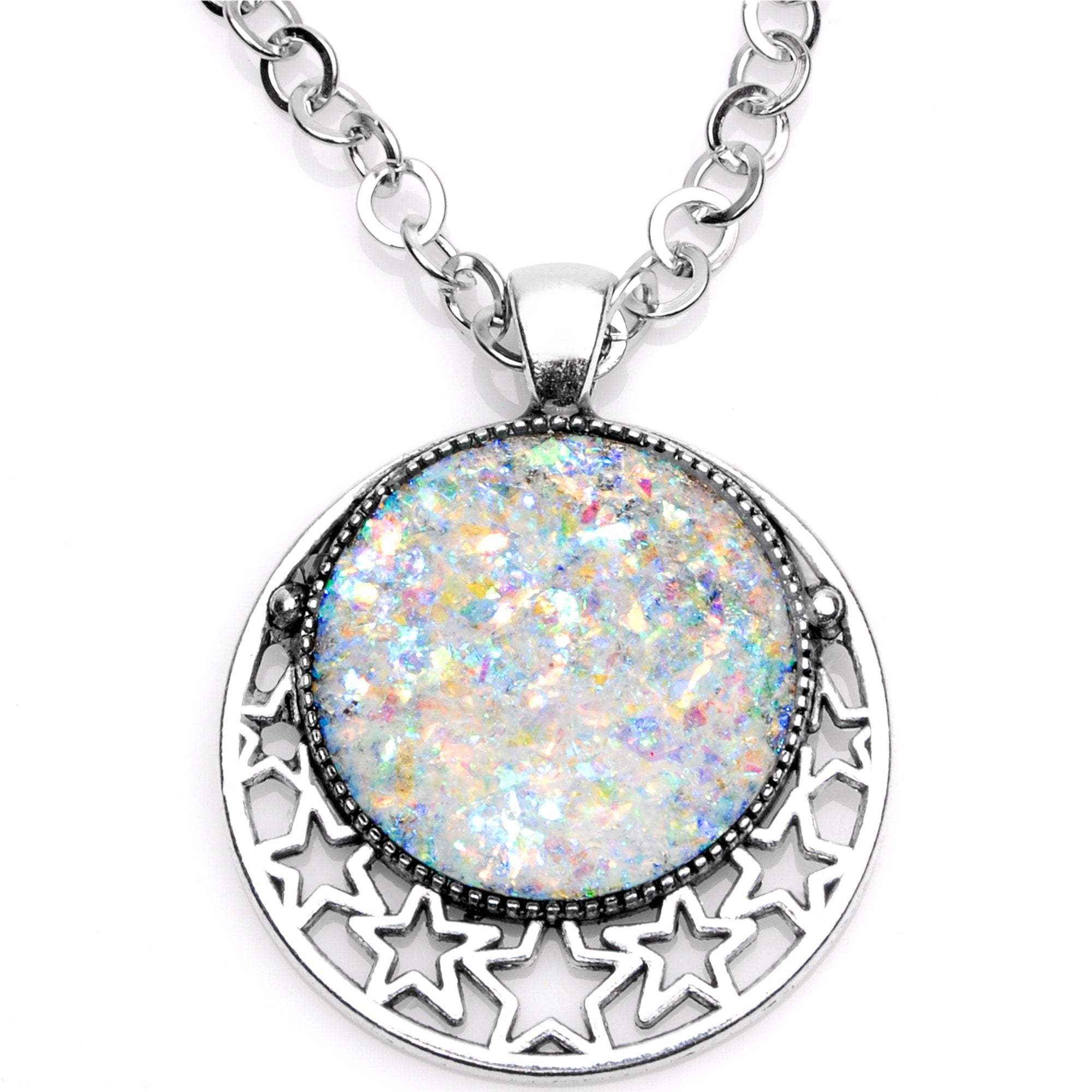 Handmade White Faux Opal Starry Universe Silver Plated Chain Necklace
