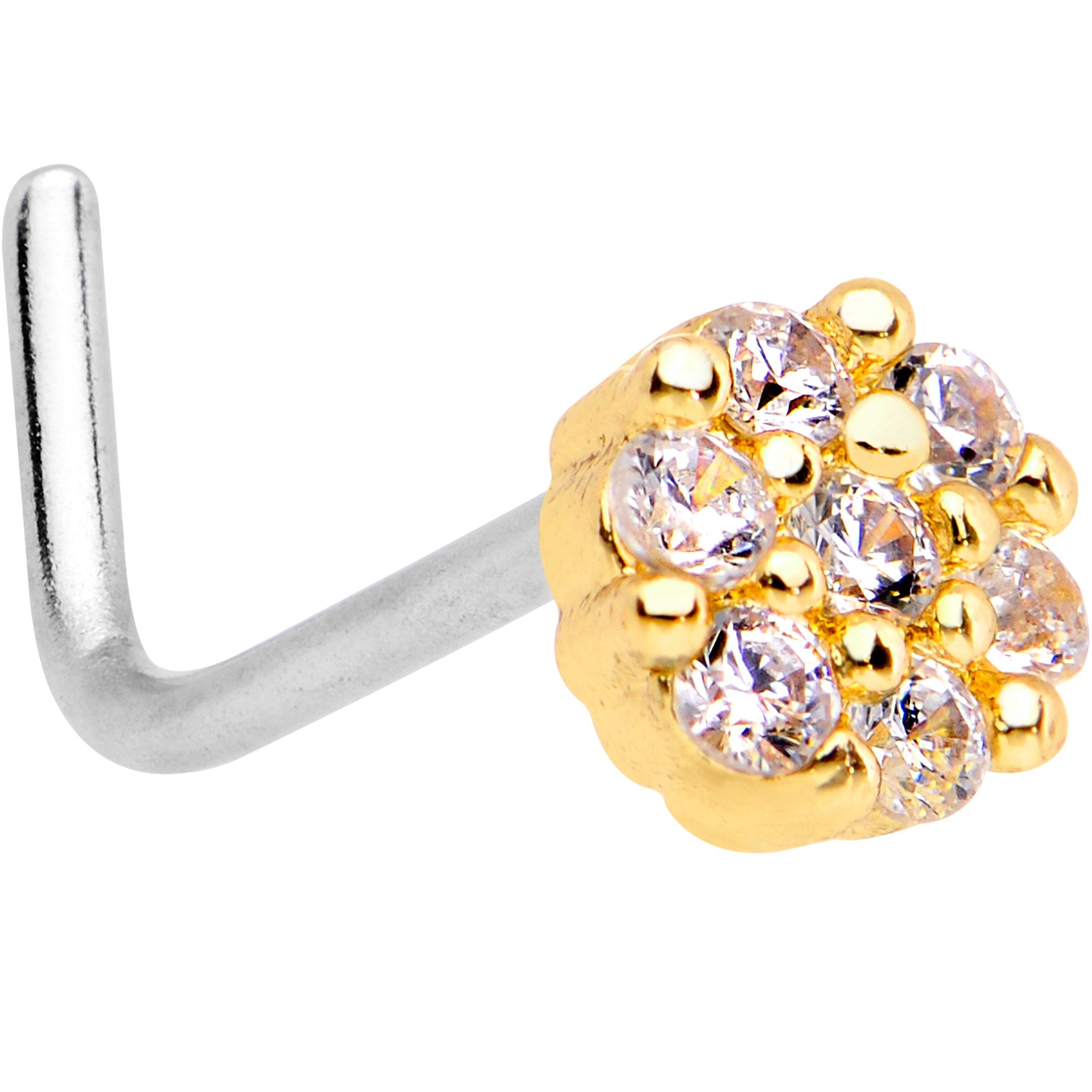 1/4 Clear CZ Gem Gold Tone Cute Cluster L Shaped Nose Ring