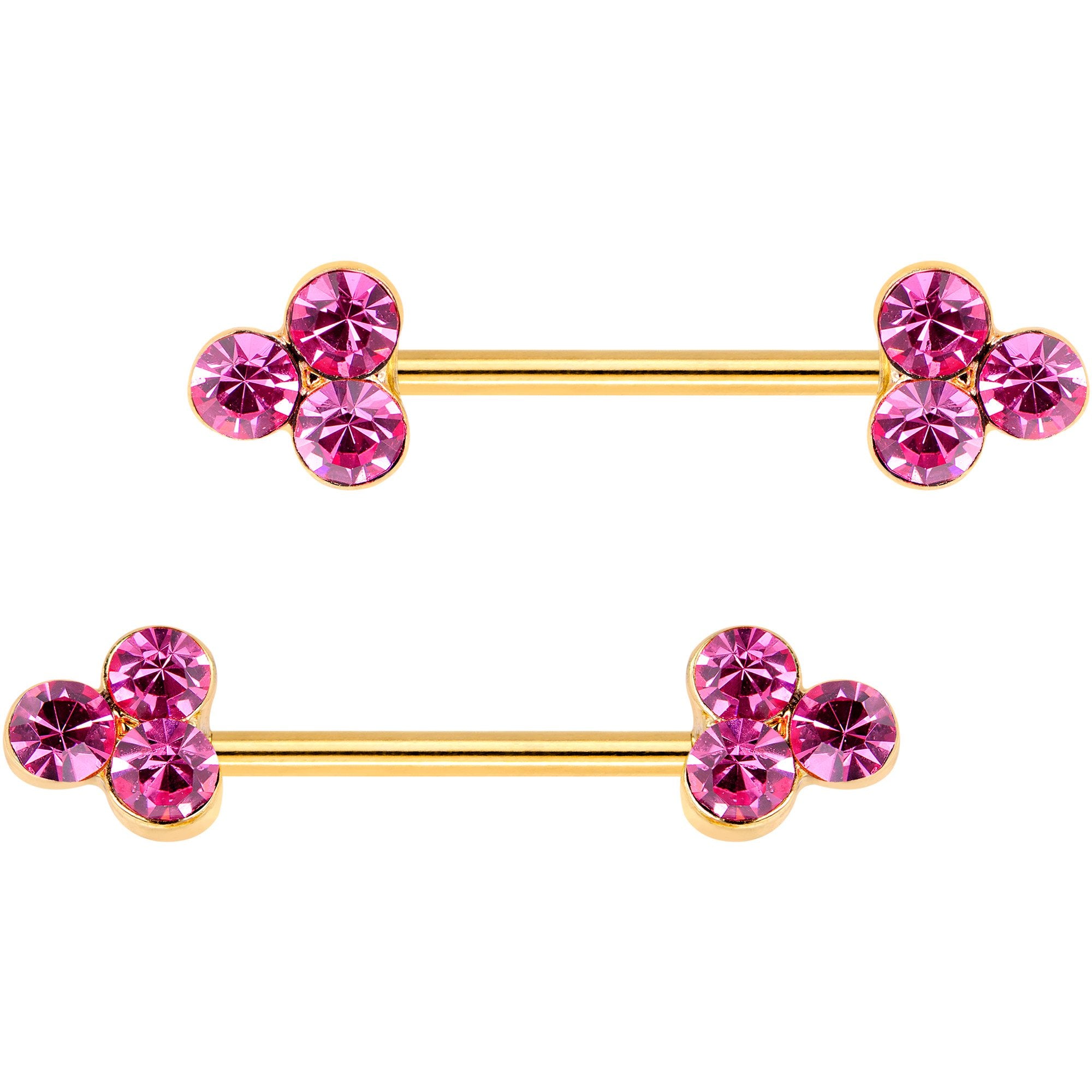 Pink Gem Gold Tone Plated Triple Circle Barbell Nipple Ring Set