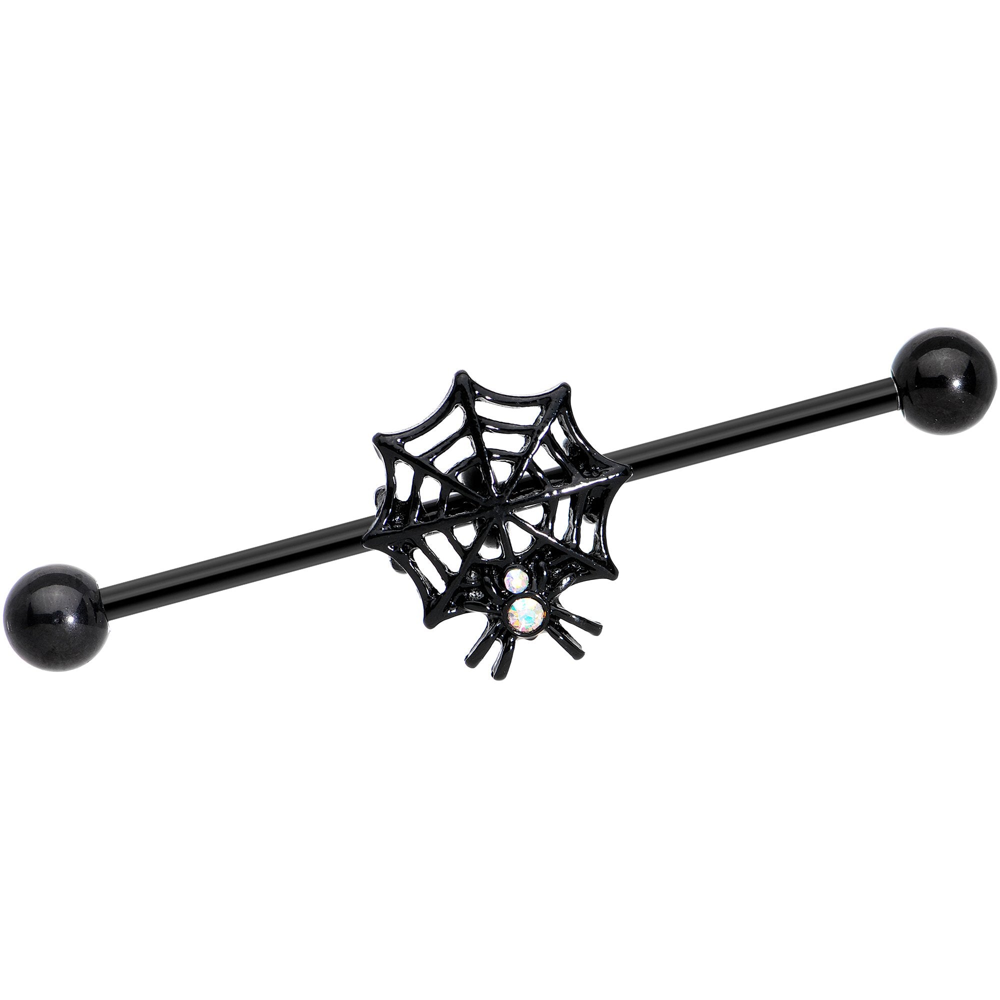 14G Aurora Gem Black Spider Web Halloween Industrial Barbell 38mm