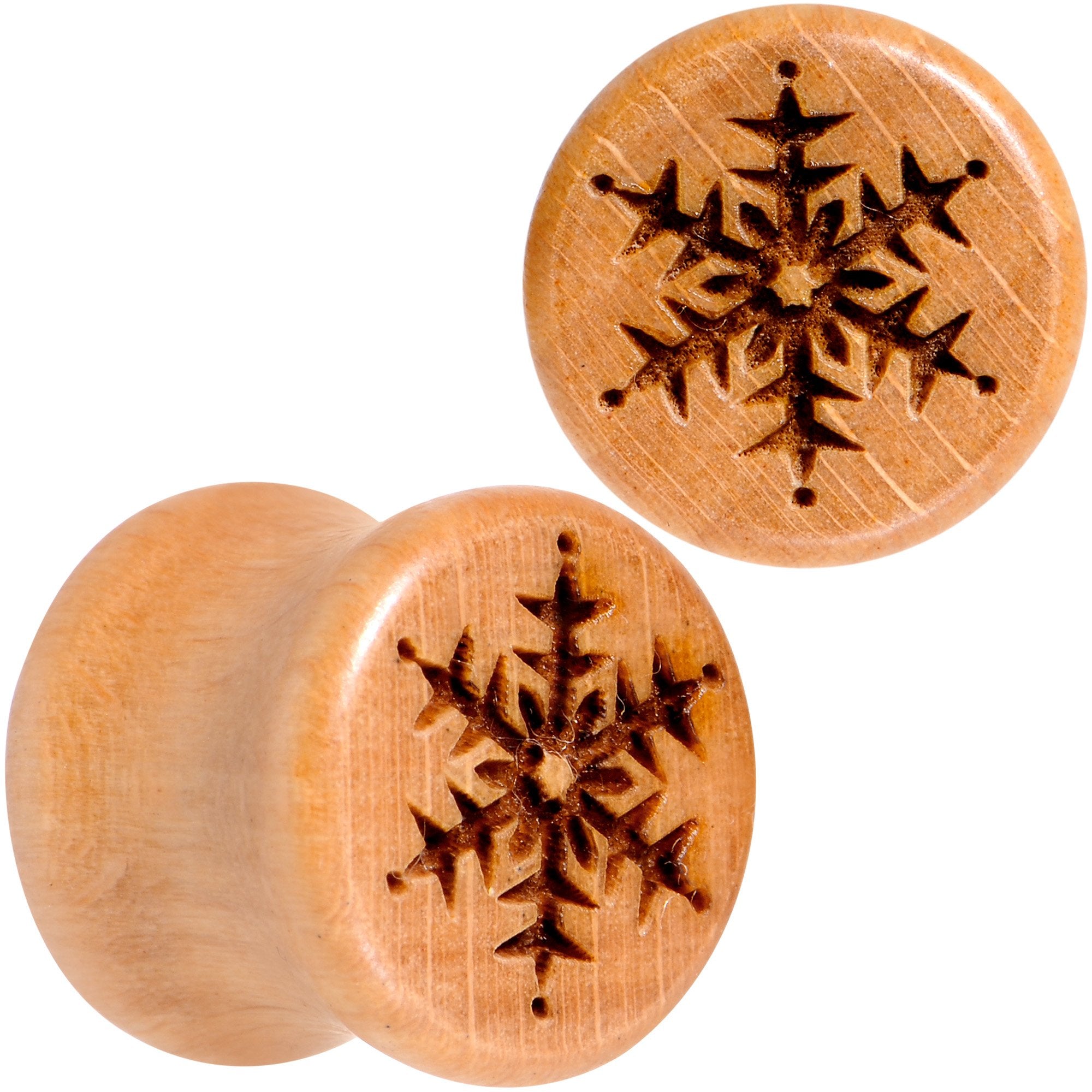 Organic Beechwood Holiday Winter Snowflake Saddle Plug Set Sizes 8mm to 25mm