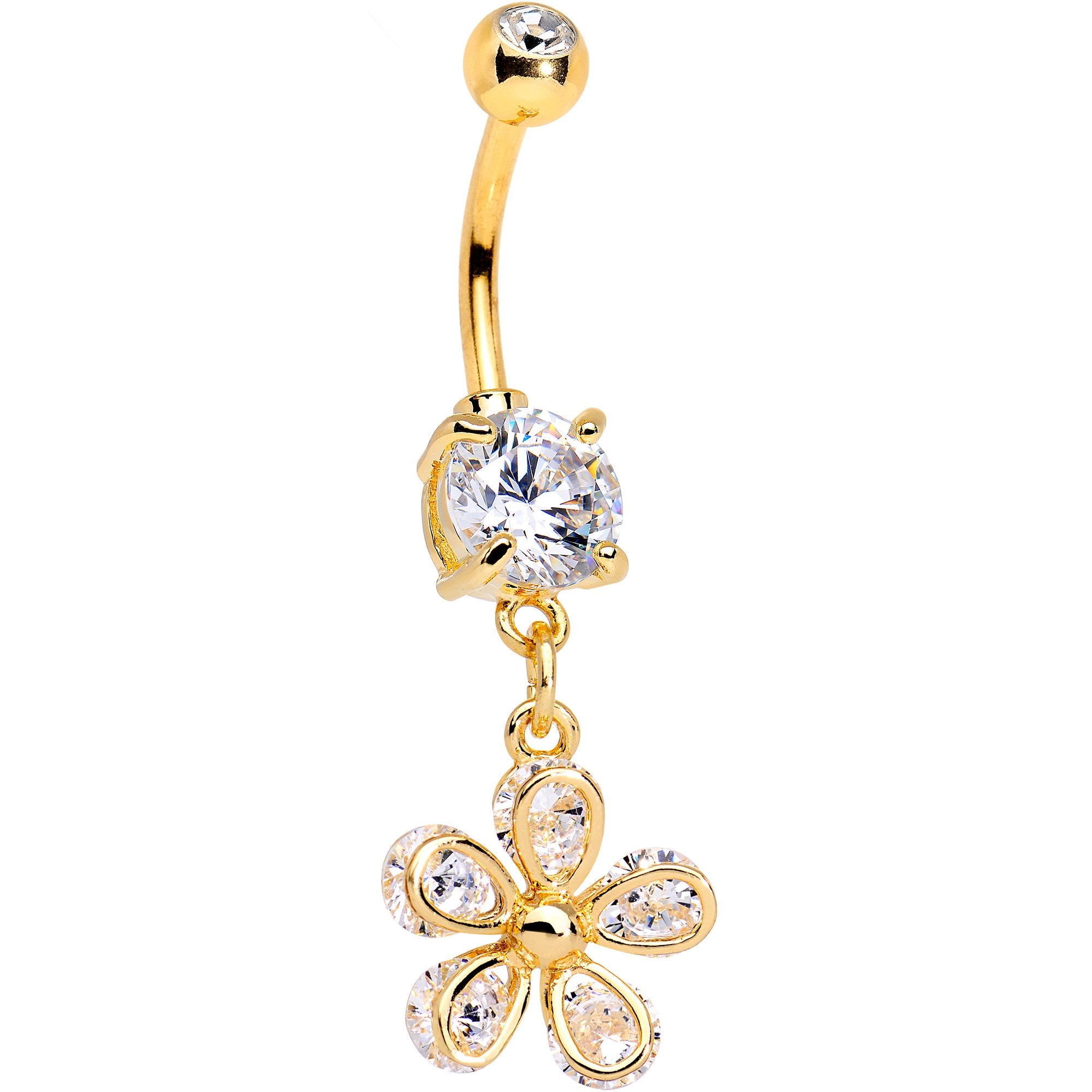 Clear Gem Gold PVD Fab Flower Dangle Belly Ring