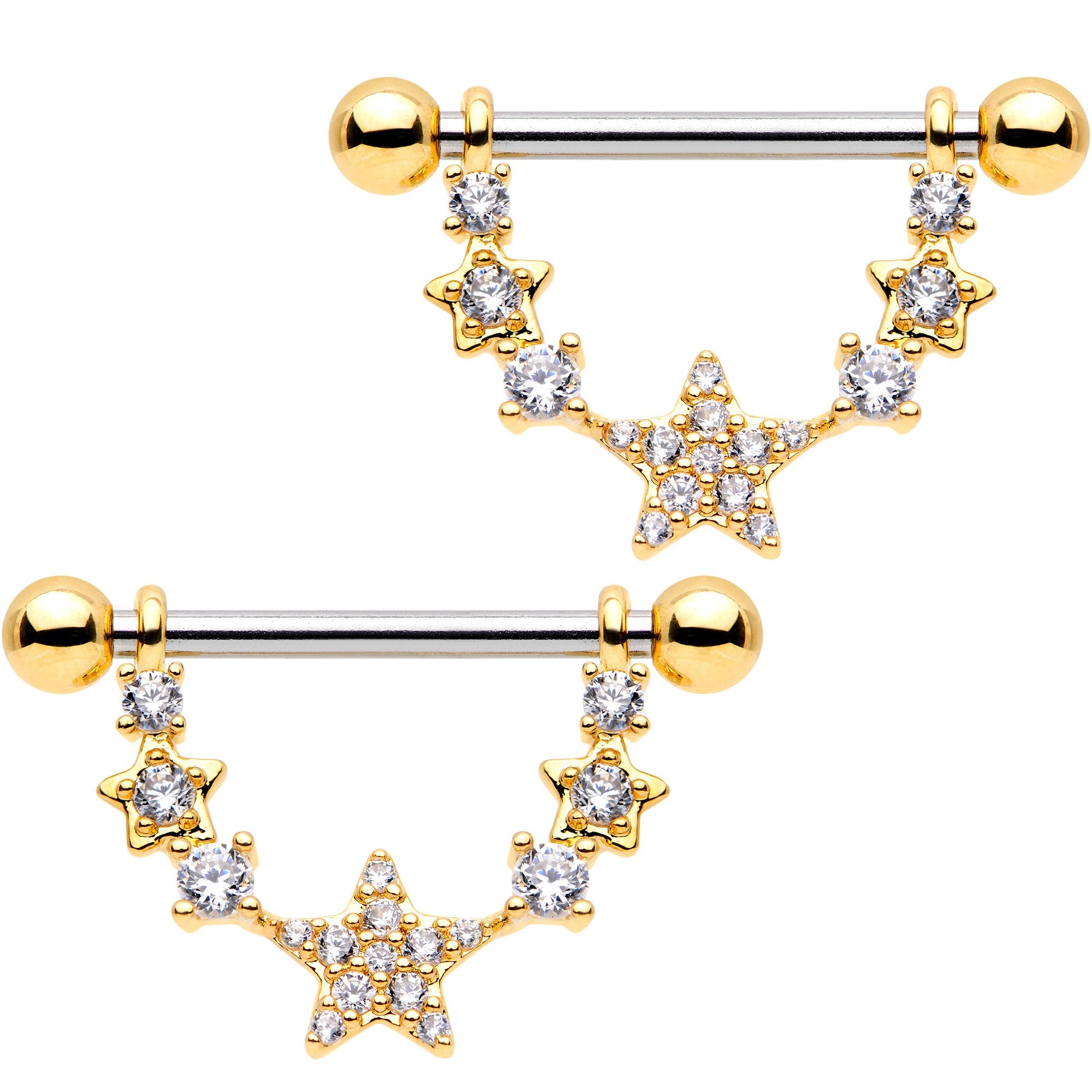 9/16 Clear CZ Gem Gold Tone Star Dangle Barbell Nipple Ring Set
