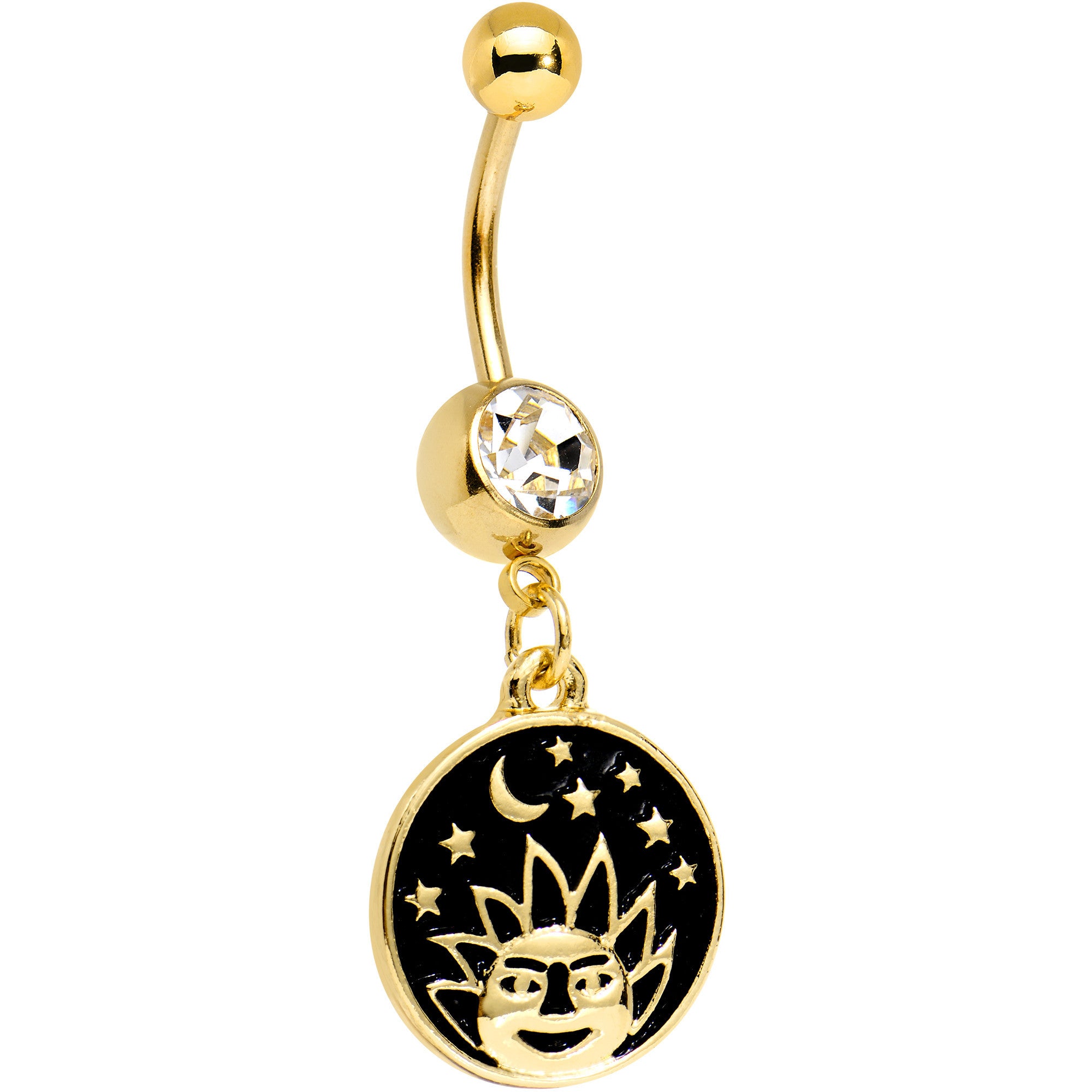 Clear CZ Gem Gold PVD Sun and Moon Disc Dangle Belly Ring
