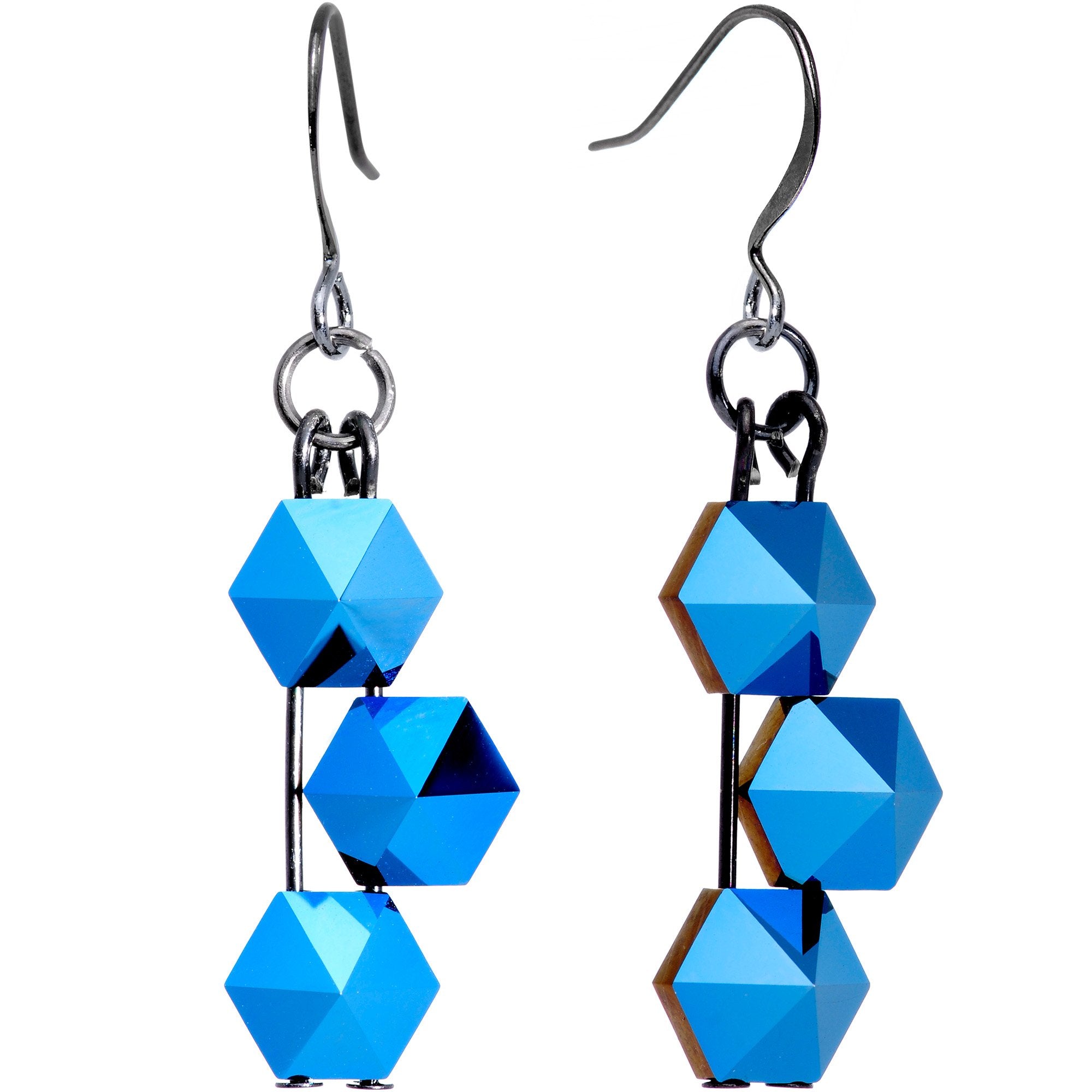 Blue Tri Pyramid Fishhook Earrings Created with Crystals
