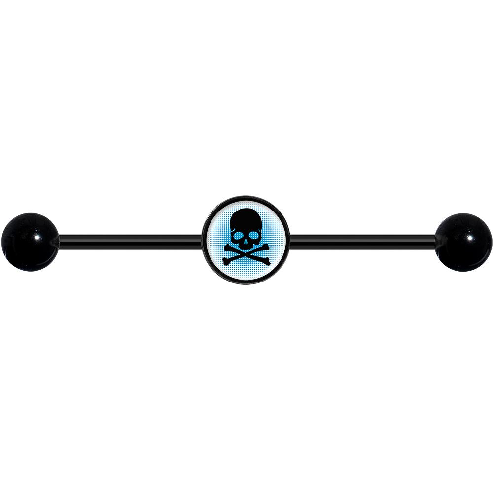 14G Blue Black Skull Black Industrial Barbell 37mm