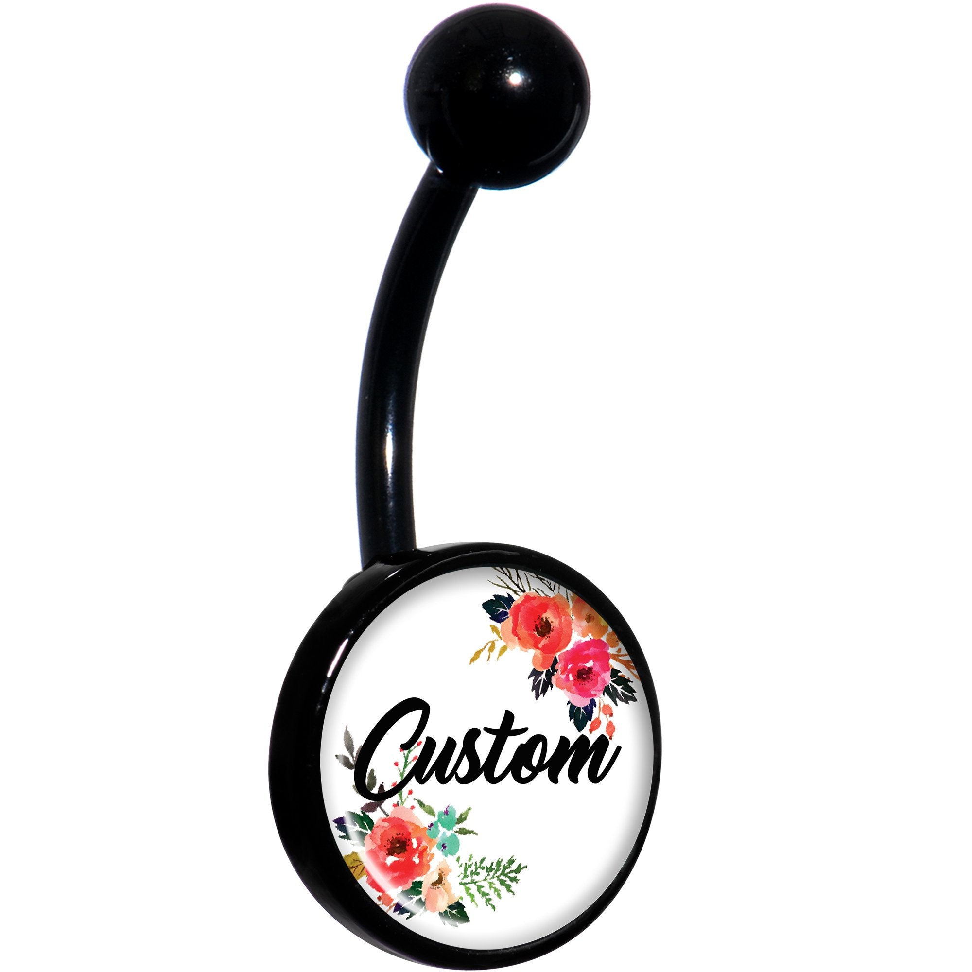 Custom Floral Personalized Name Black Hypoallergenic Stainless Steel Belly Ring