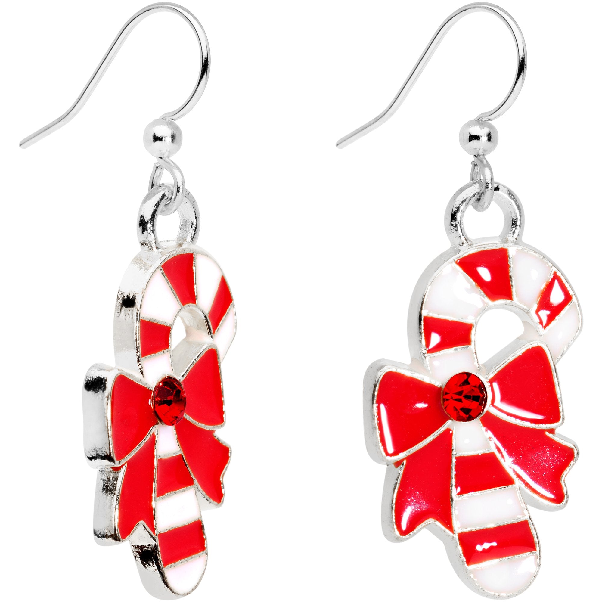 Red CZ Gem Silver Plated Bow Candy Cane Fishhook Earrings