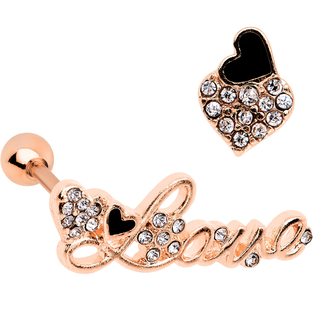 1/4" Rose Gold Tone Love and Hearts Cartilage Tragus Earring Set