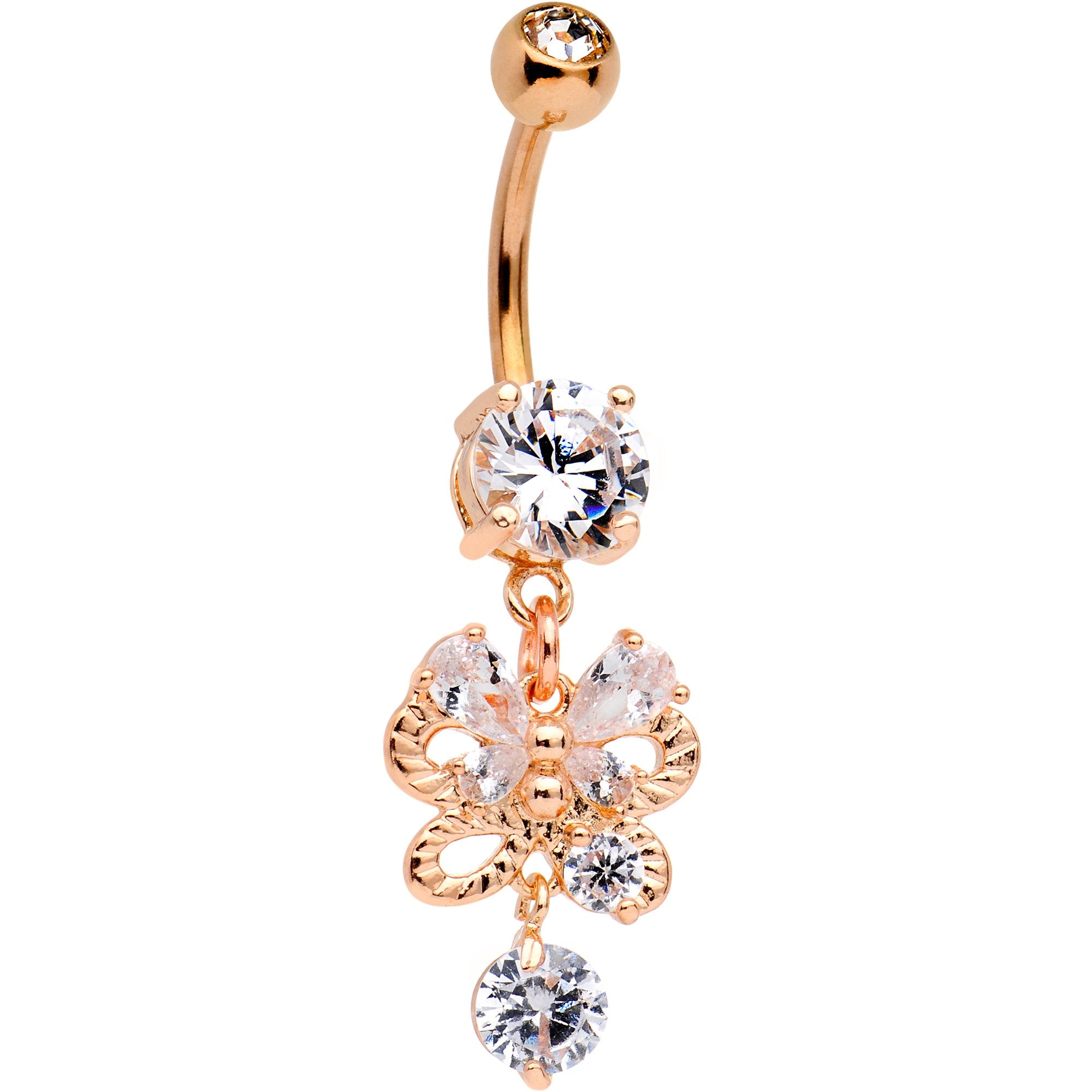 Clear CZ Gem Rose Gold Tone Anodized Butterfly Bow Dangle Belly Ring