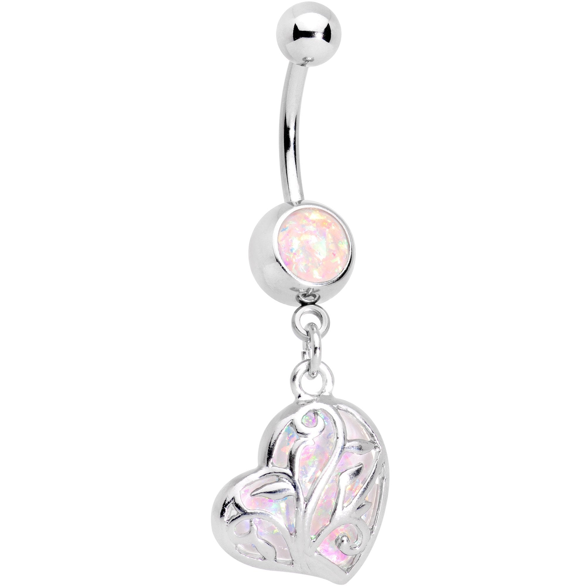 Pink Faux Opal Captive Heart Dangle Belly Ring