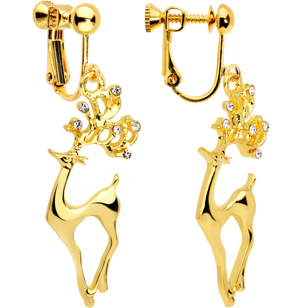 Clear CZ Gem Gold Plated Prancing Reindeer Clip On Earrings