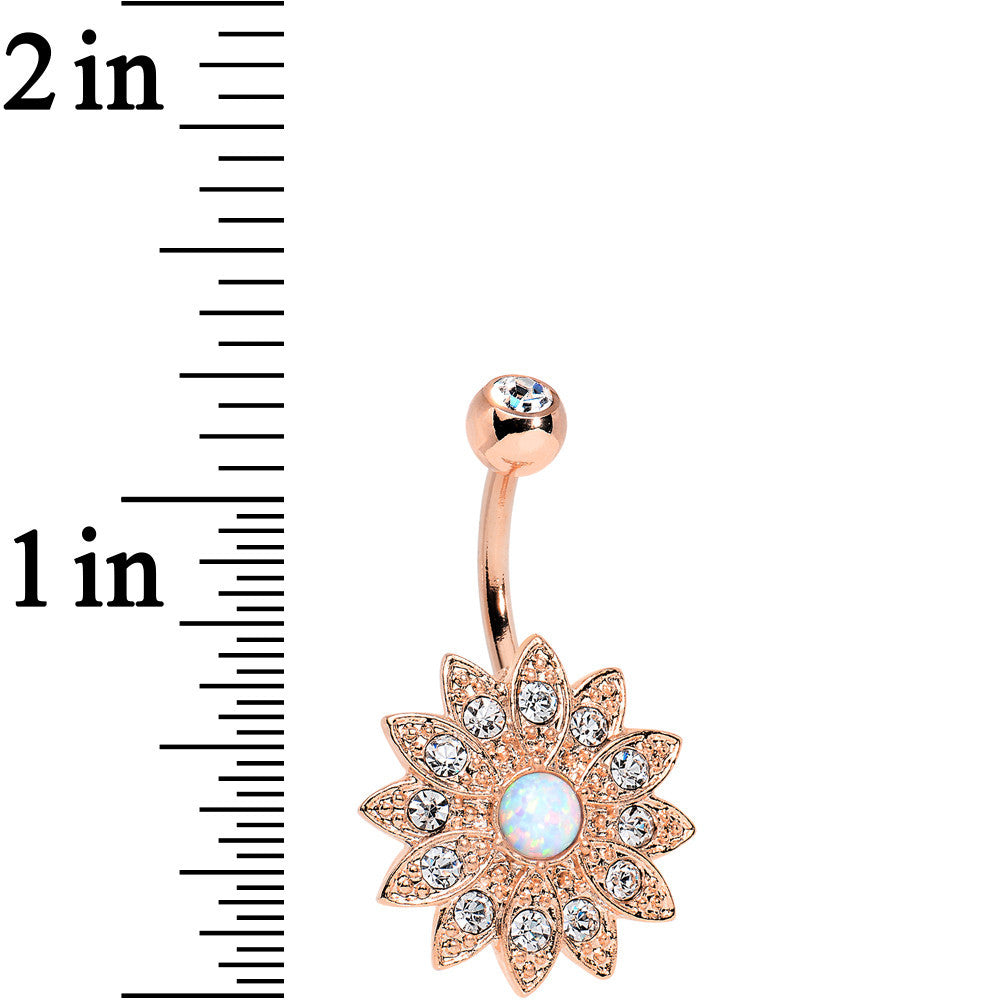White Faux Opal Clear Rose Gold Plated Fancy Sparkle Flower Belly Ring