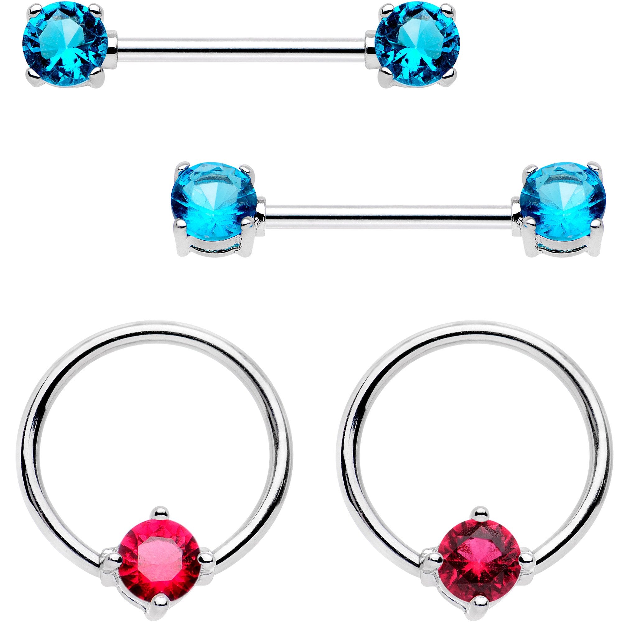 5/8 Pink Aqua Gem Captive Ring Straight Barbell Nipple Ring Set