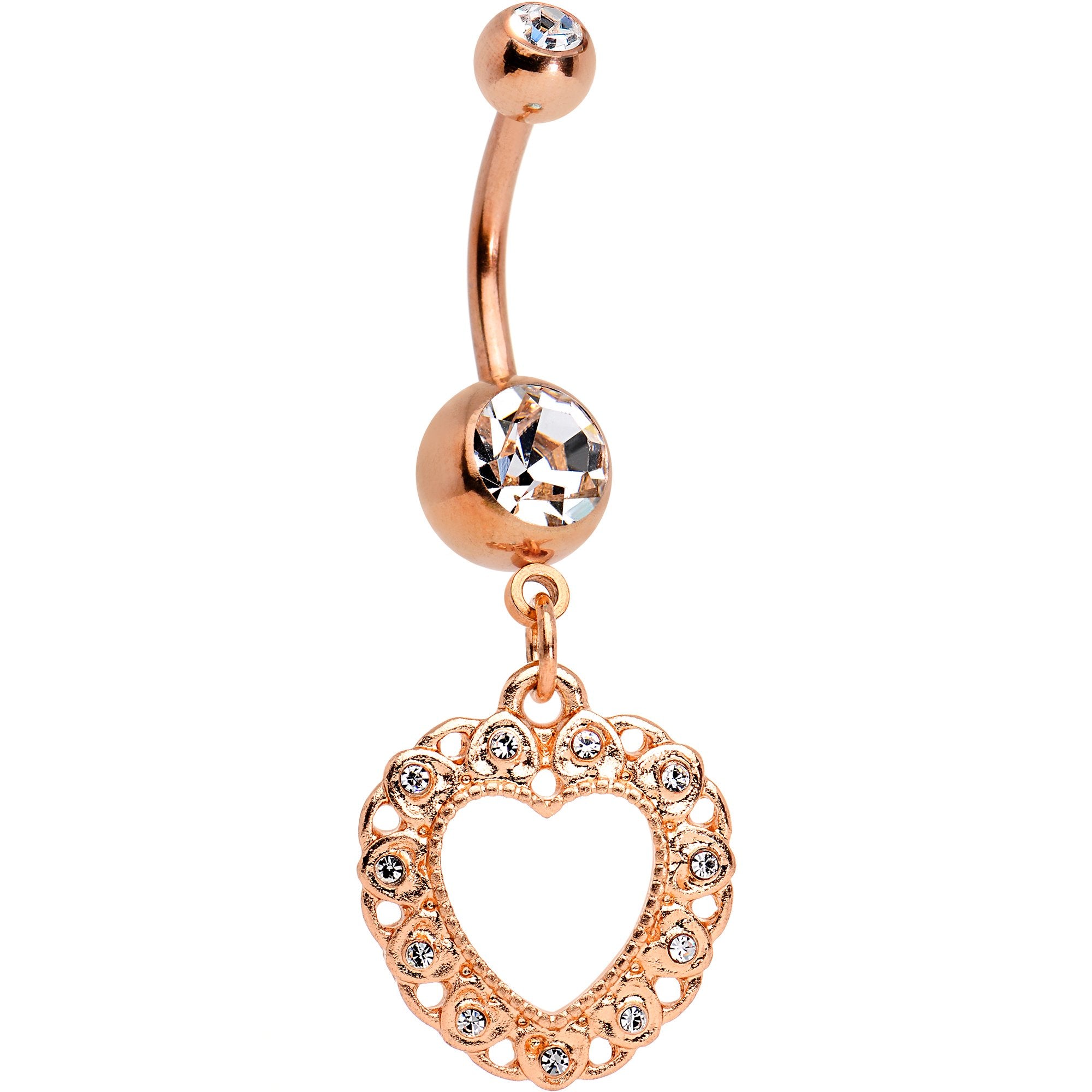 Clear Gem Rose Gold Tone Anodized Lacey Hollow Heart Dangle Belly Ring