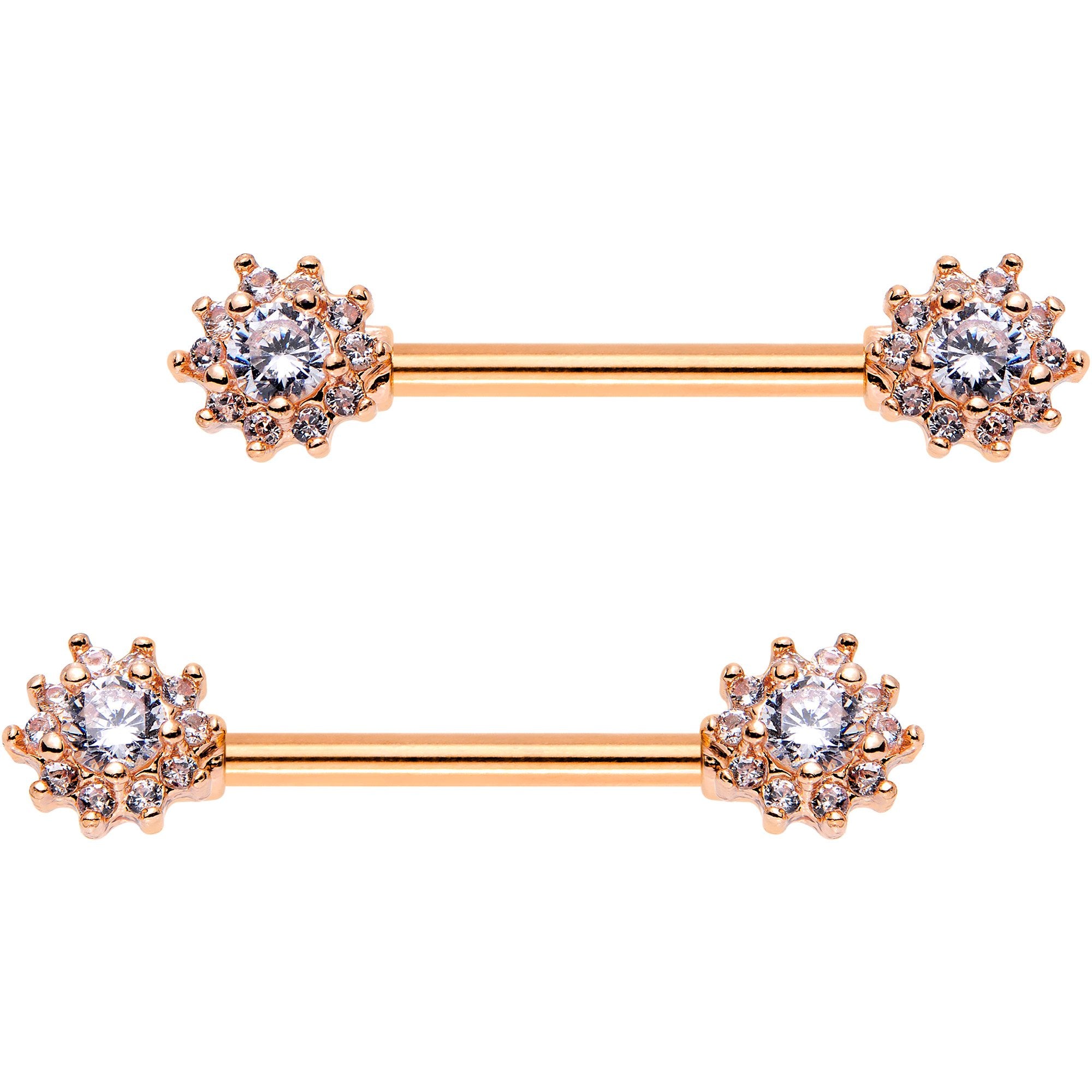 Clear CZ Gem Rose Gold Plated Cluster Flower Barbell Nipple Ring Set