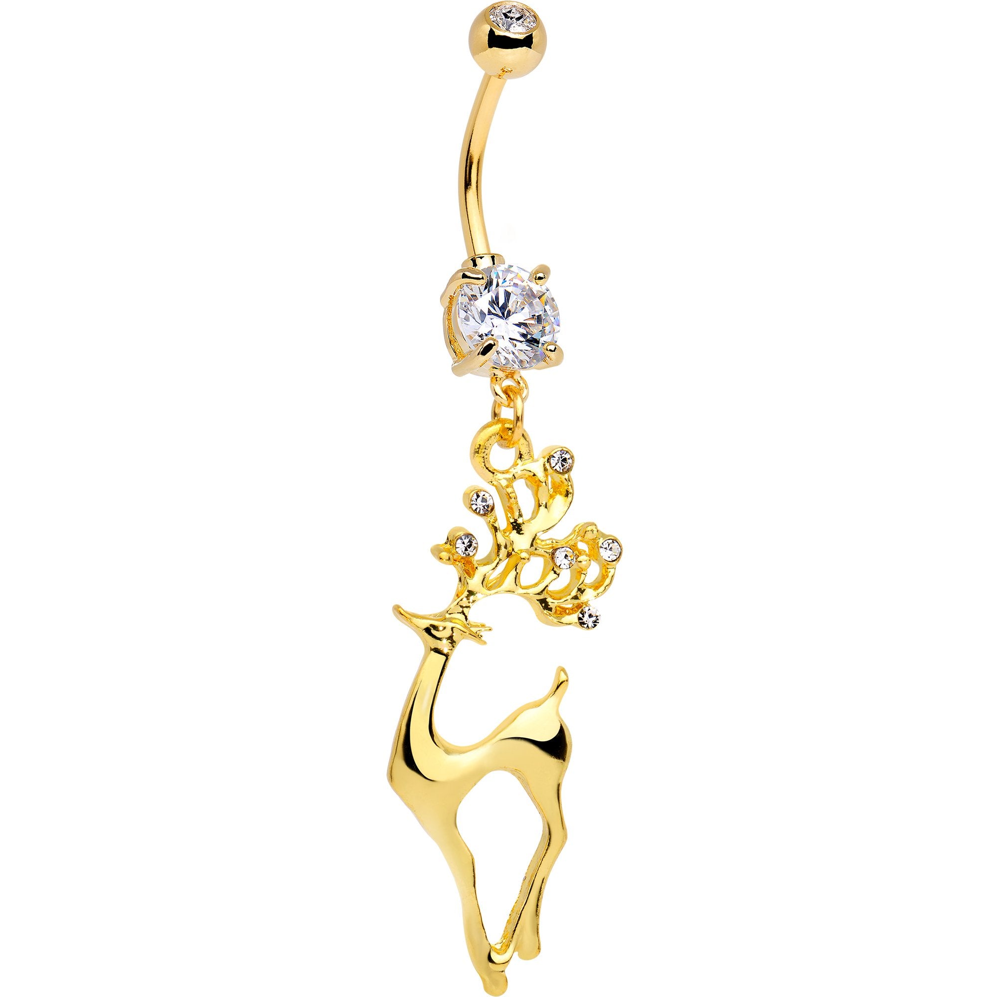 Clear CZ Gold Tone Anodized Prancing Reindeer Dangle Belly Ring