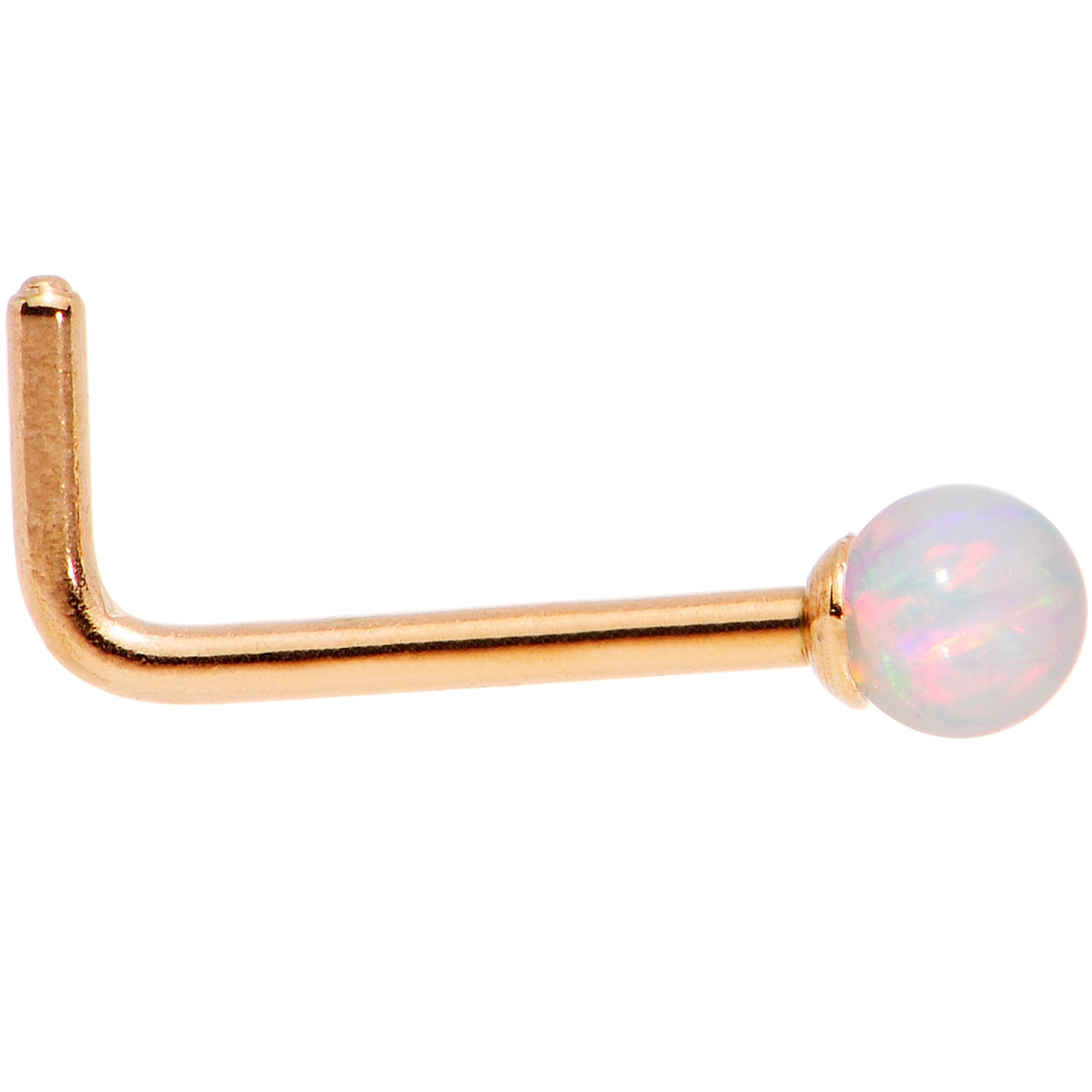 White 2.5mm Synthetic Opal Ball Rose Gold Tone L-Shape Nose Ring