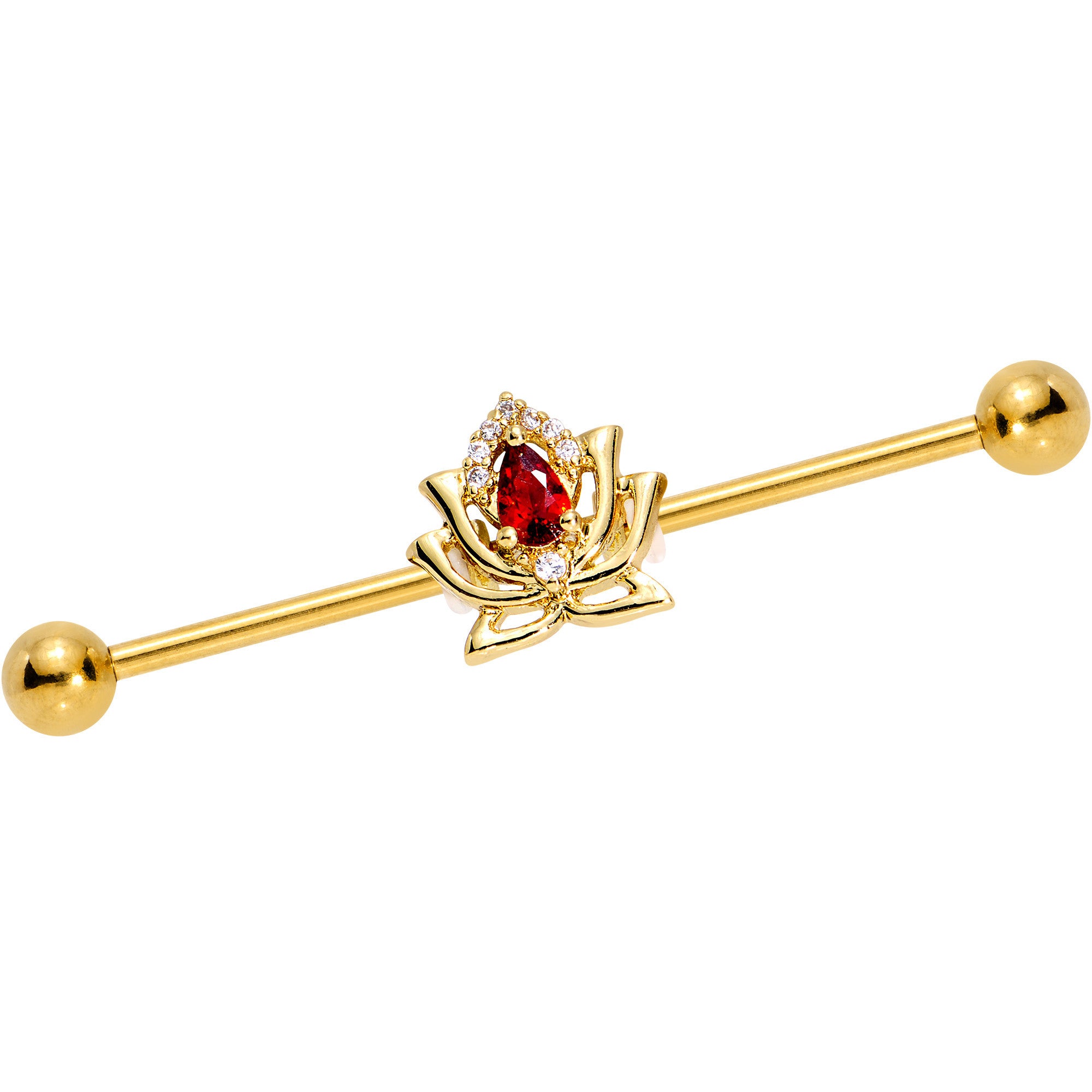 Red Clear Gem Gold PVD Red Hot Lotus Flower Industrial Barbell 38mm