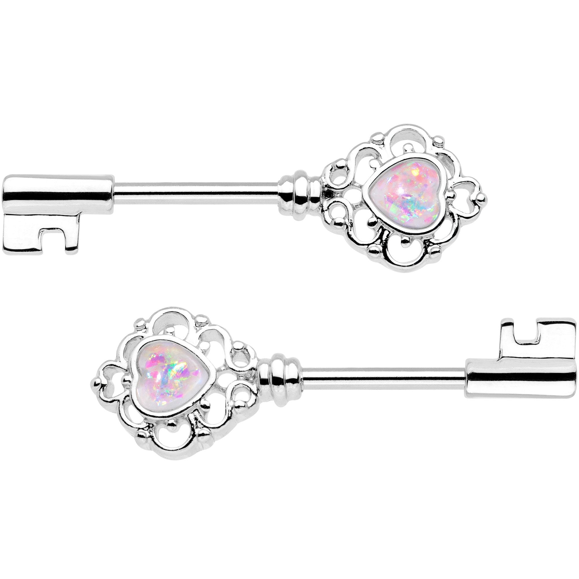 1/2 White Faux Opal Heart Key Barbell Nipple Ring Set