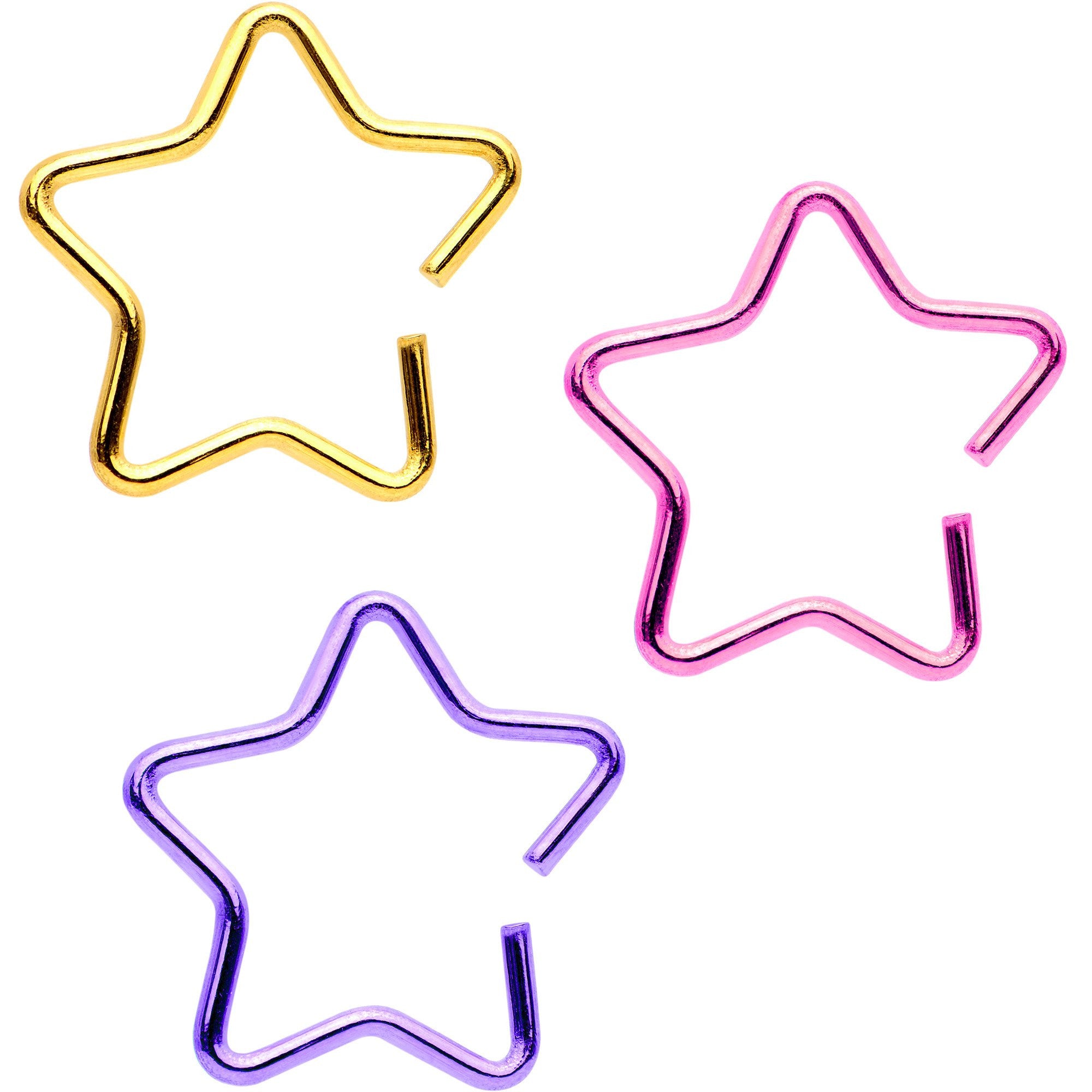 20 Gauge 3/8 Pink Yellow Purple Star Daith Cartilage Tragus Pack Set of 3