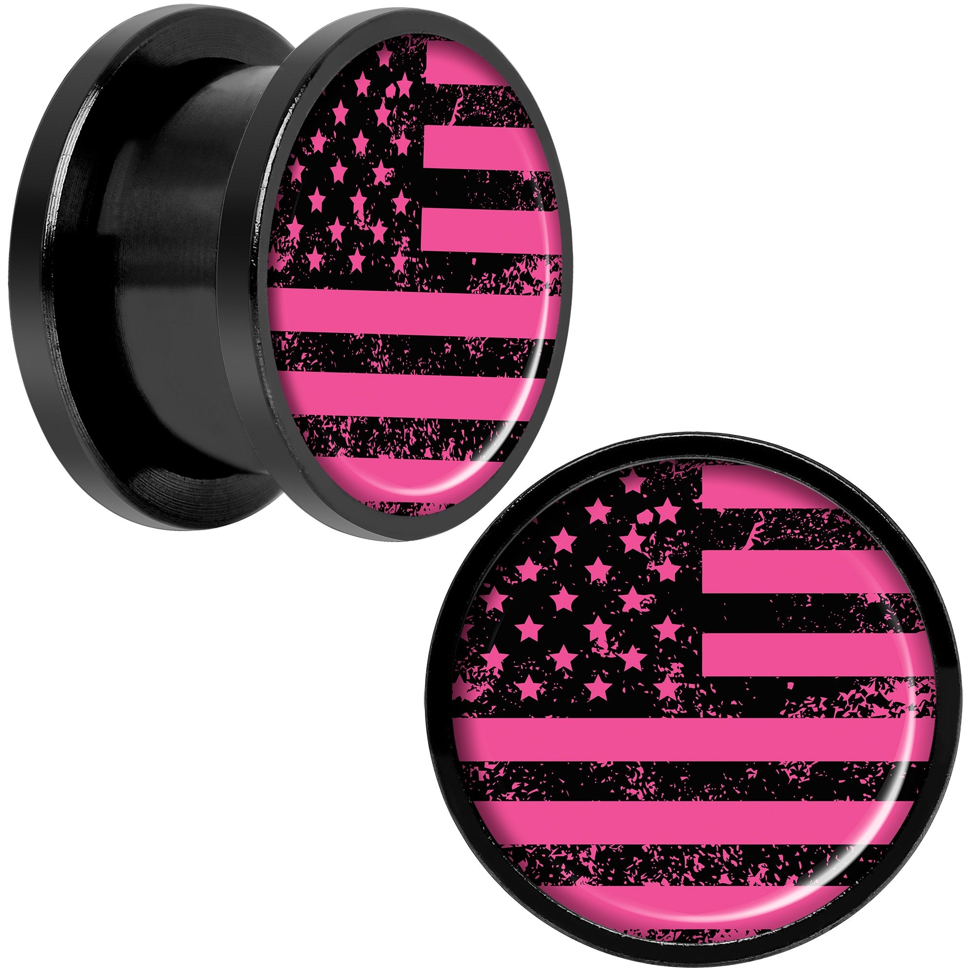 Pink American Flag Black Anodized Screw Fit Plug Set 9/16