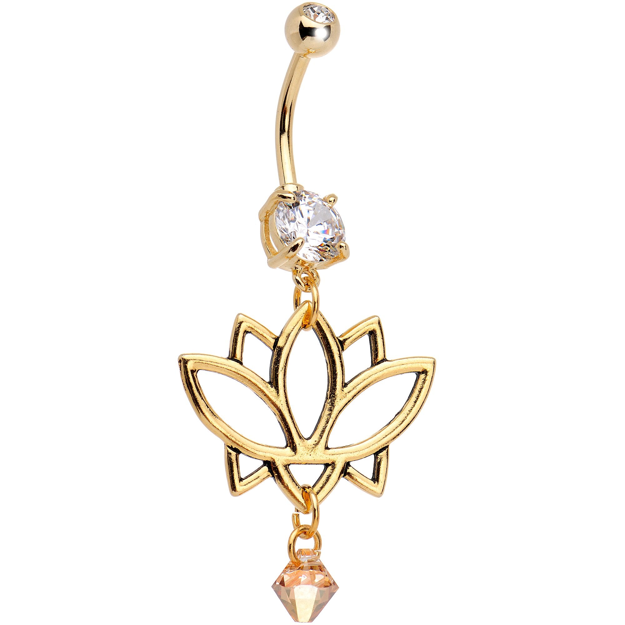 Clear Gem Gold Lotus Flower Dangle Belly Ring Created with Crystals