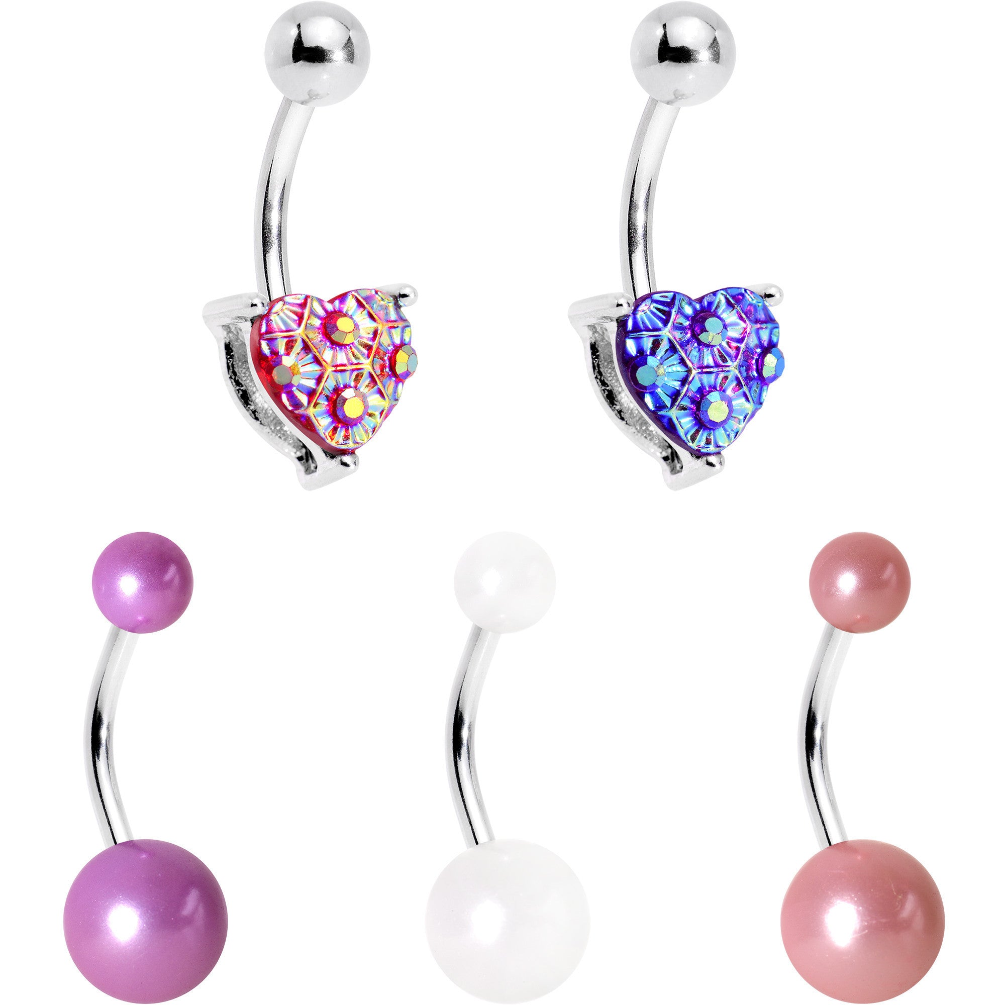 Pink Pastels and Purple Heart Orb Belly Ring Set of 5