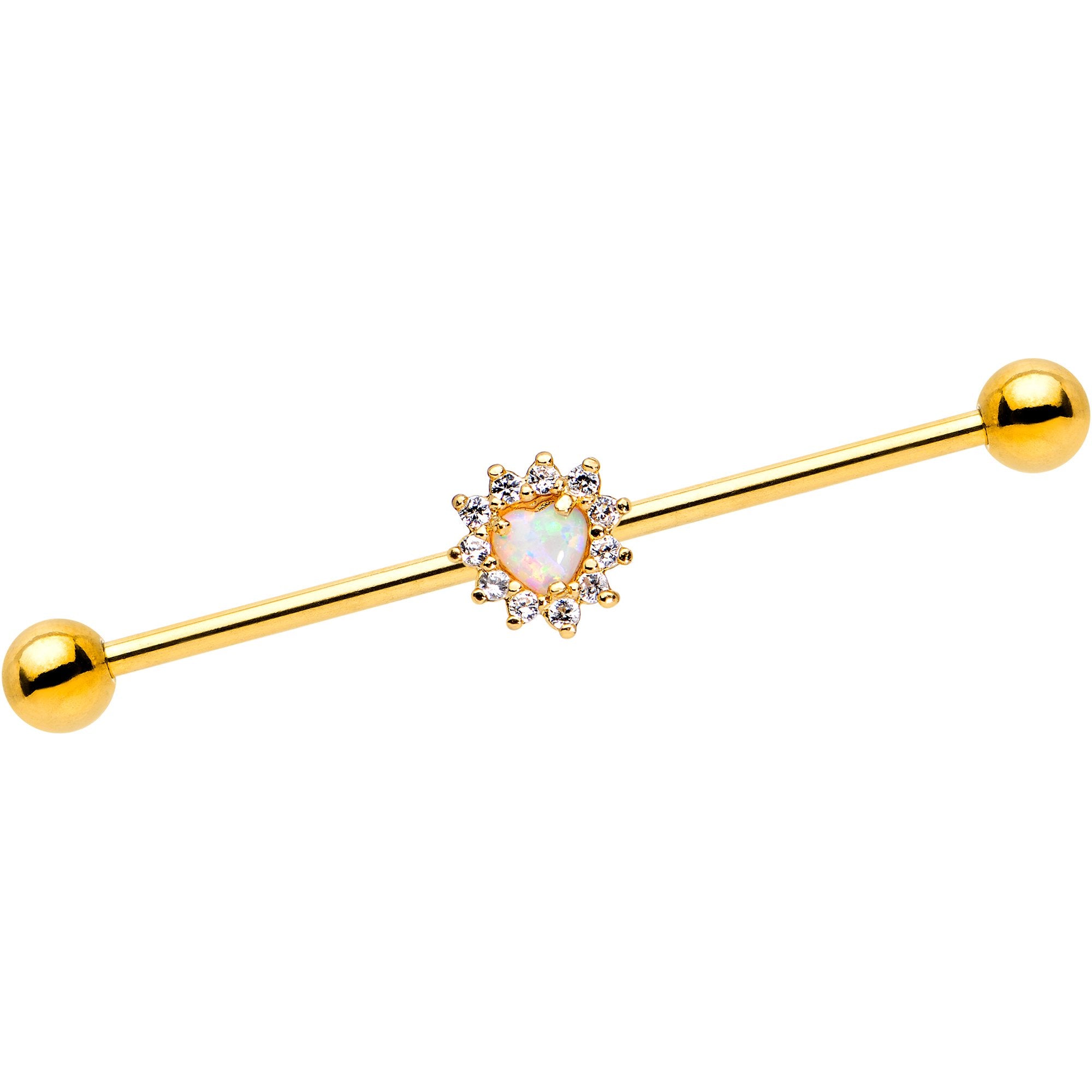 White Faux Opal Clear CZ Gem Heart Gold PVD Industrial Barbell 38mm