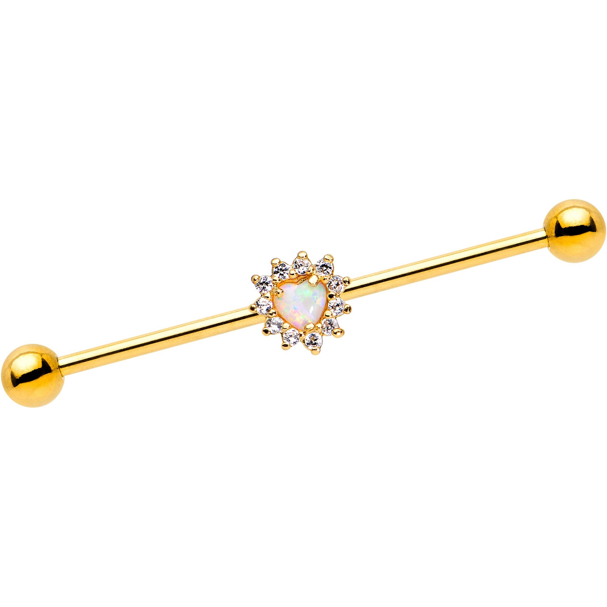 White Faux Opal Clear CZ Gem Heart Gold PVD Industrial Barbell 38mm