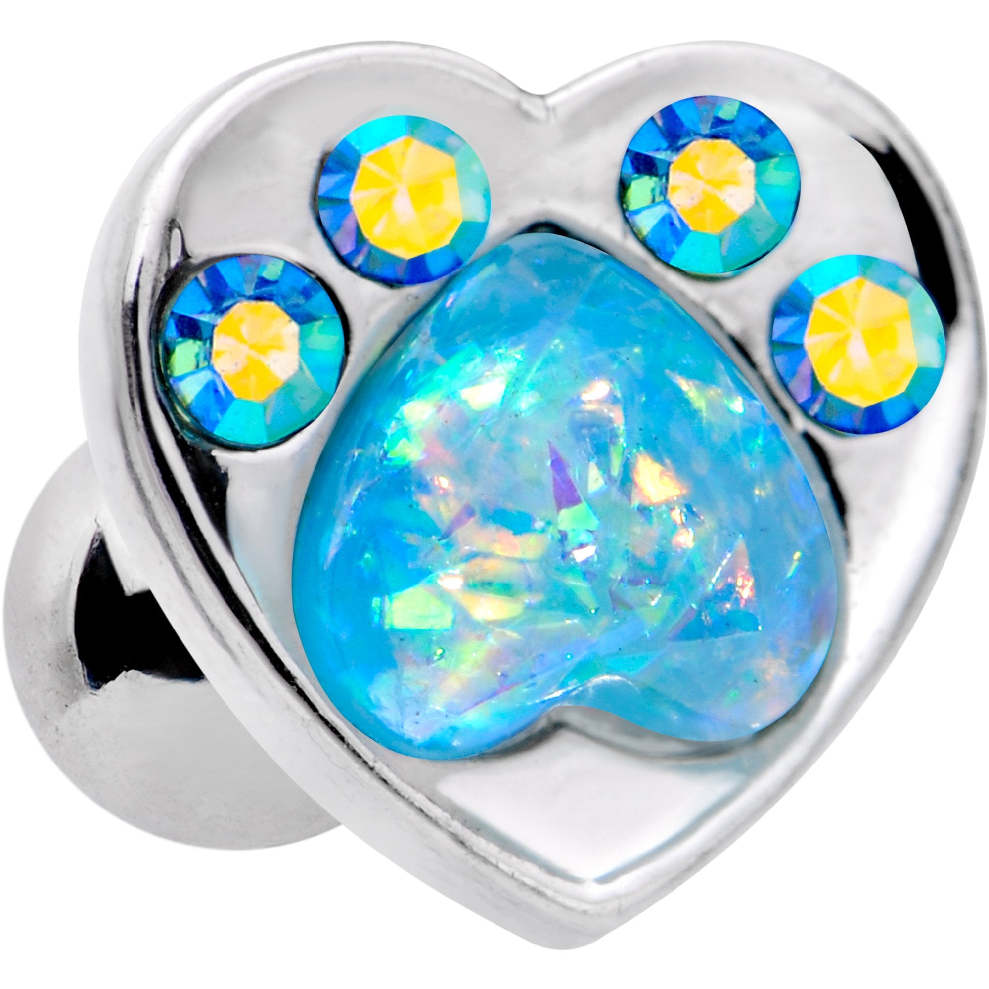 16 Gauge 1/4 Blue Faux Opal Paw Print Heart Cartilage Tragus Earring