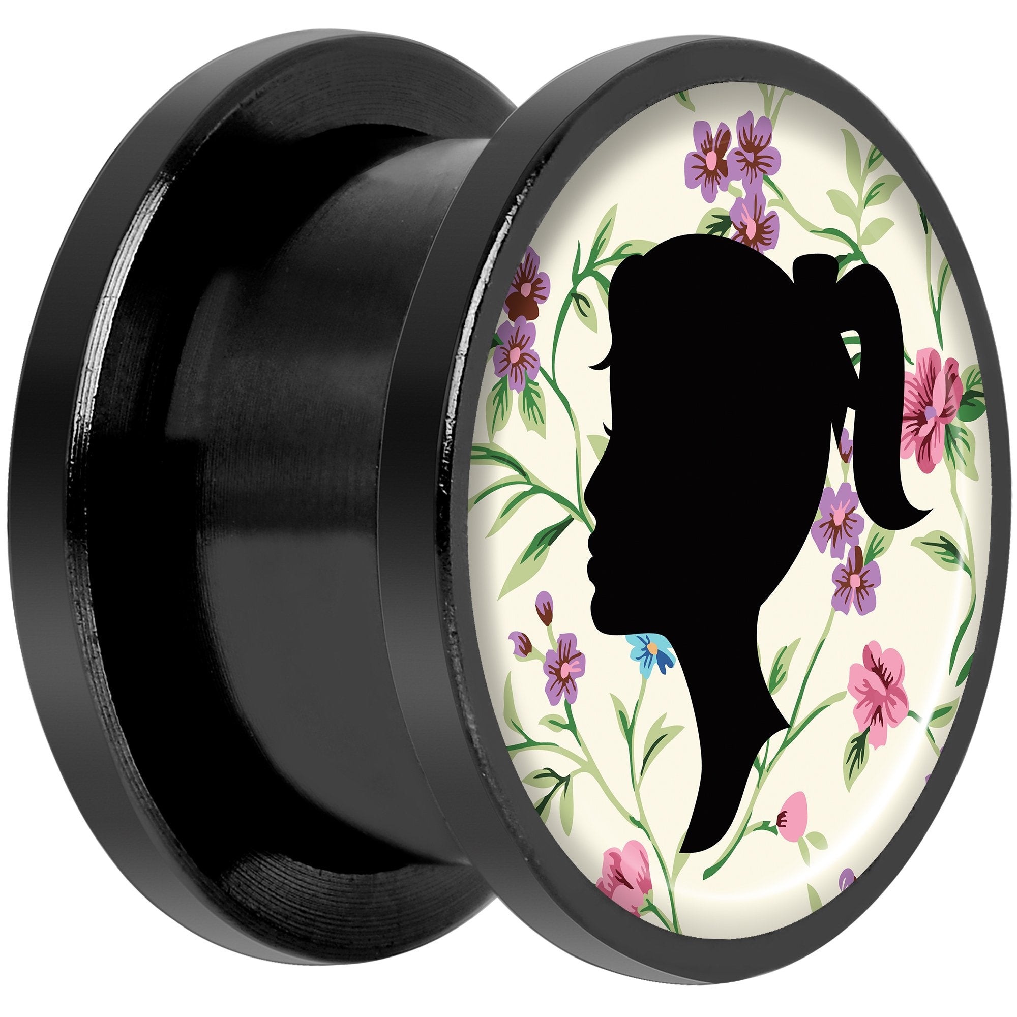 Man Woman Floral Silhouette Black Anodized Screw Fit Plug Set 9/16