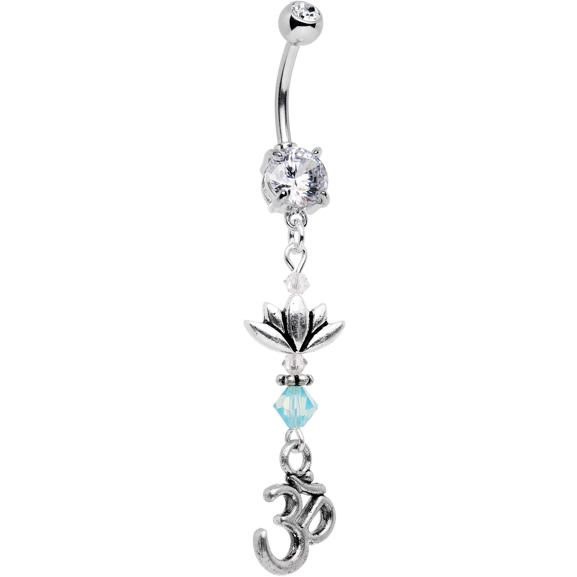 Ohm Lotus Flower Dangle Belly Ring Created with Crystals