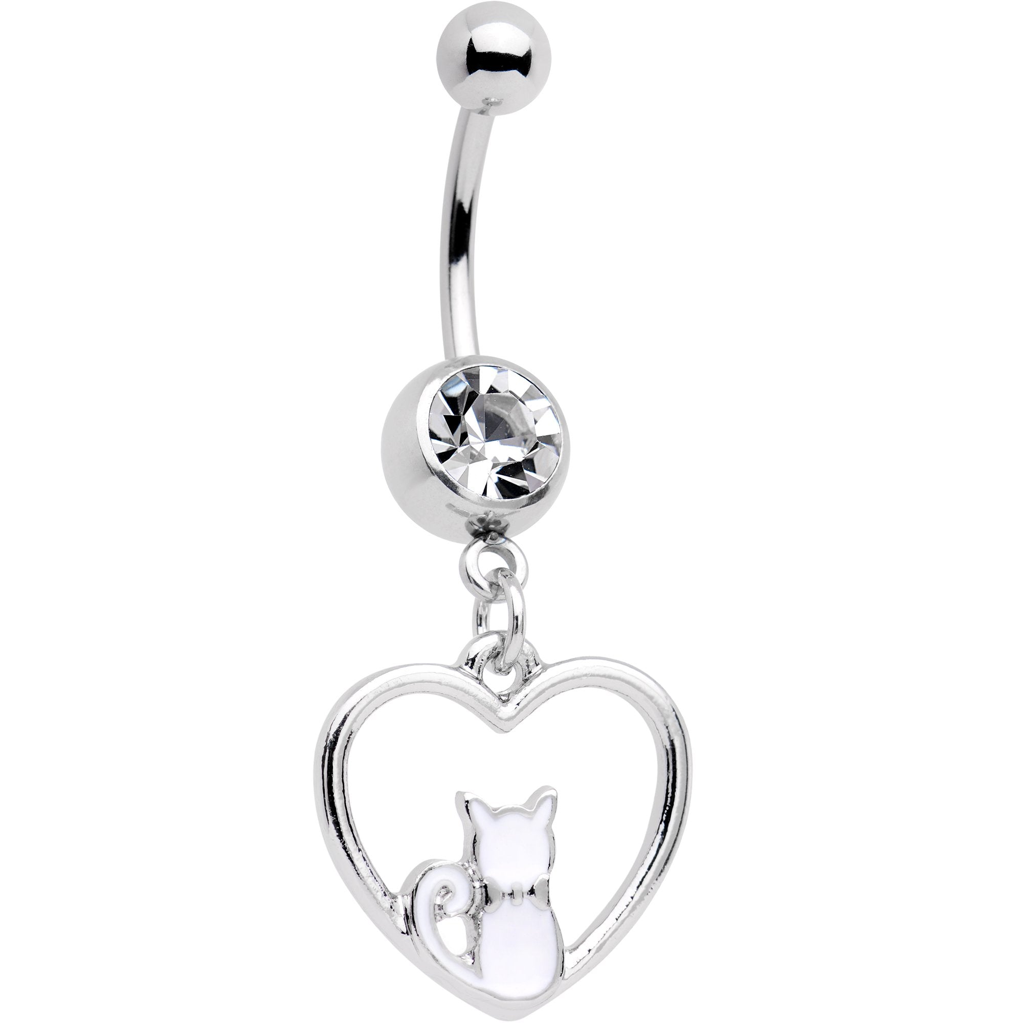 Clear Gem Got Your Heart White Cat Dangle Belly Ring