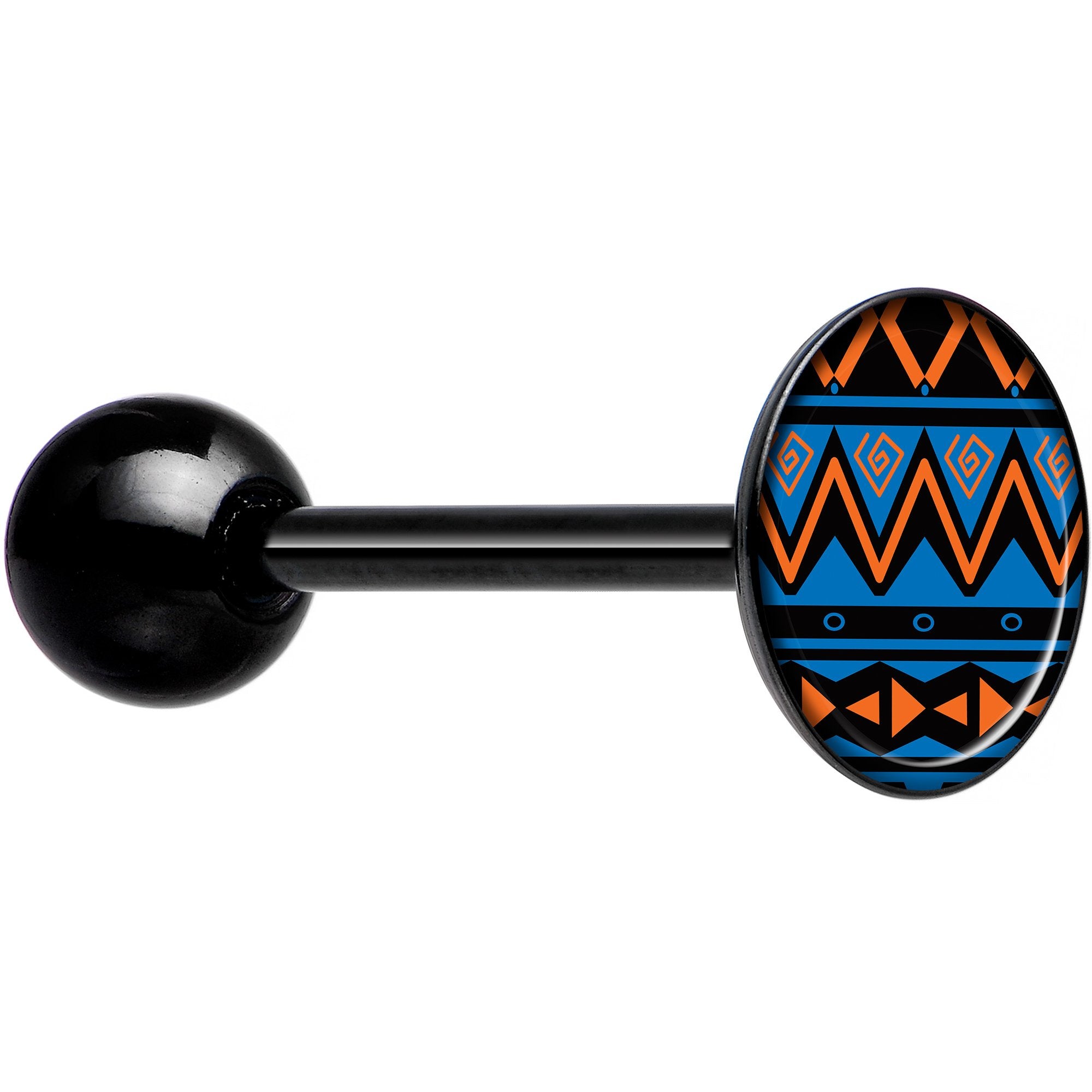 Blue Orange Tribal Print Black Barbell Tongue Ring