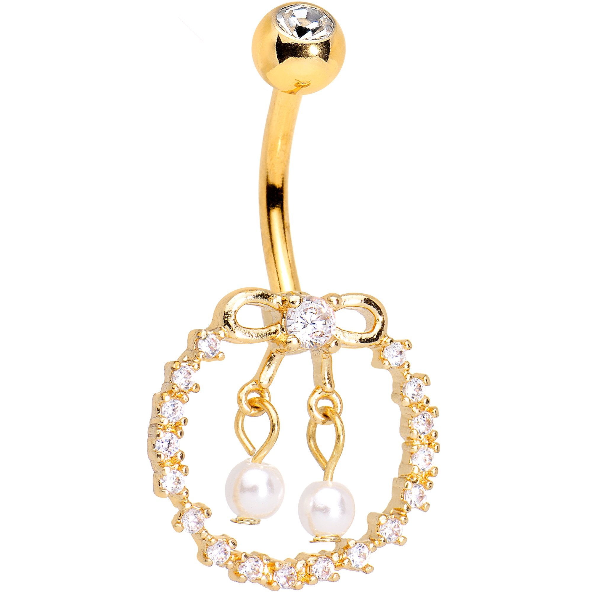 Clear Gem Gold PVD Halo Bow Dangle Belly Ring
